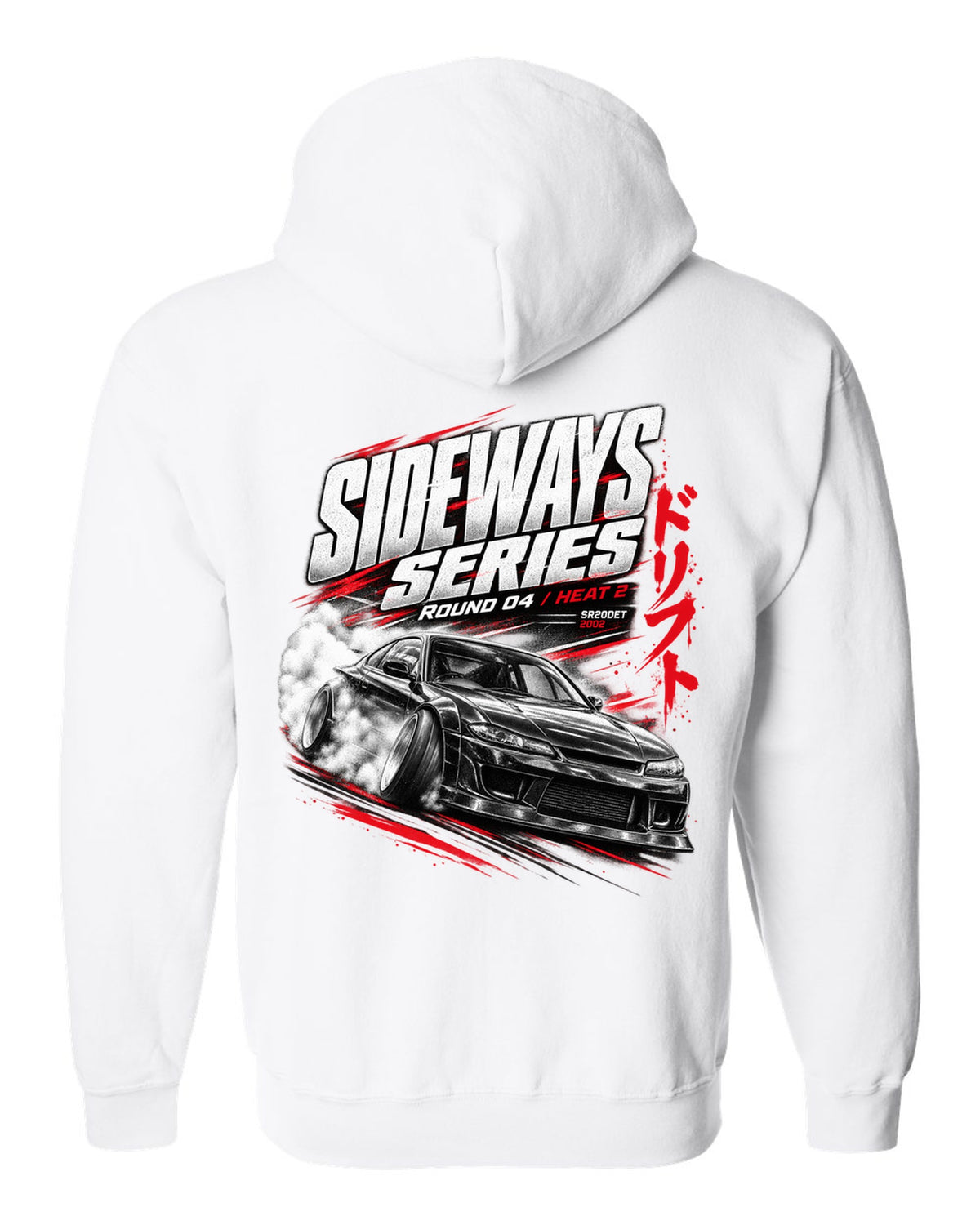 Race poster print of a Nissan Silvia S15 with Sideways Series Round 04 lettering white zip hoodie back view with the design