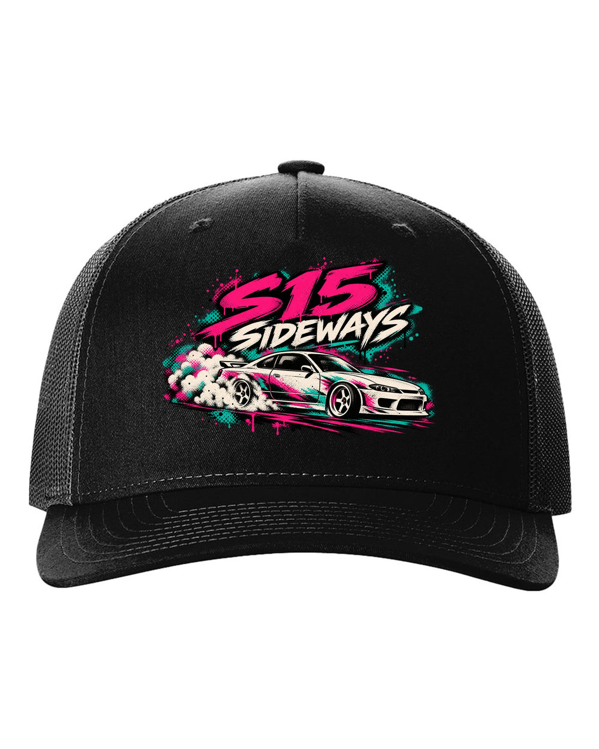 Stencil spray street art print of a Nissan Silvia S15 sliding sideways black hat front view with the design