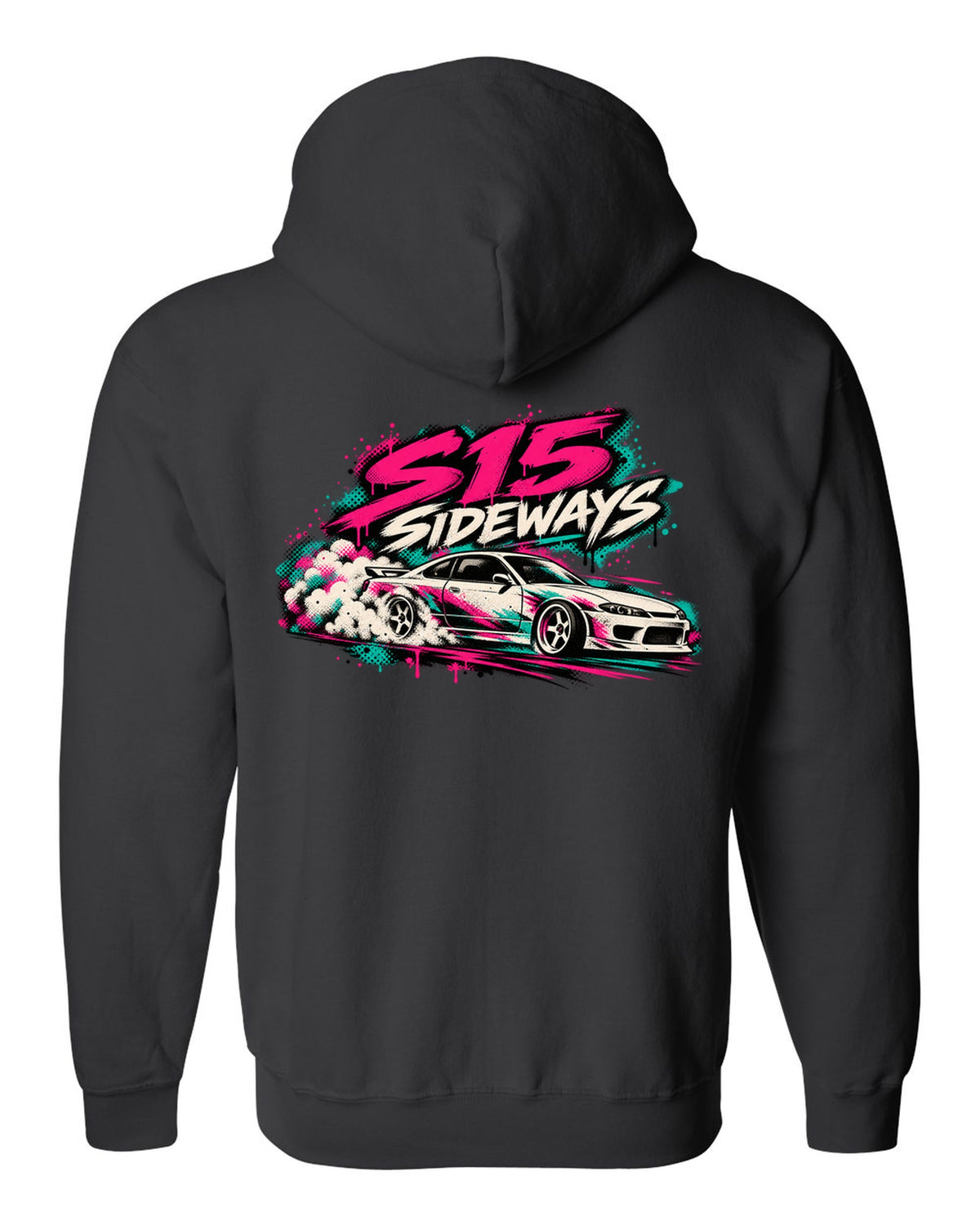 Stencil spray street art print of a Nissan Silvia S15 sliding sideways black zip hoodie back view with the design