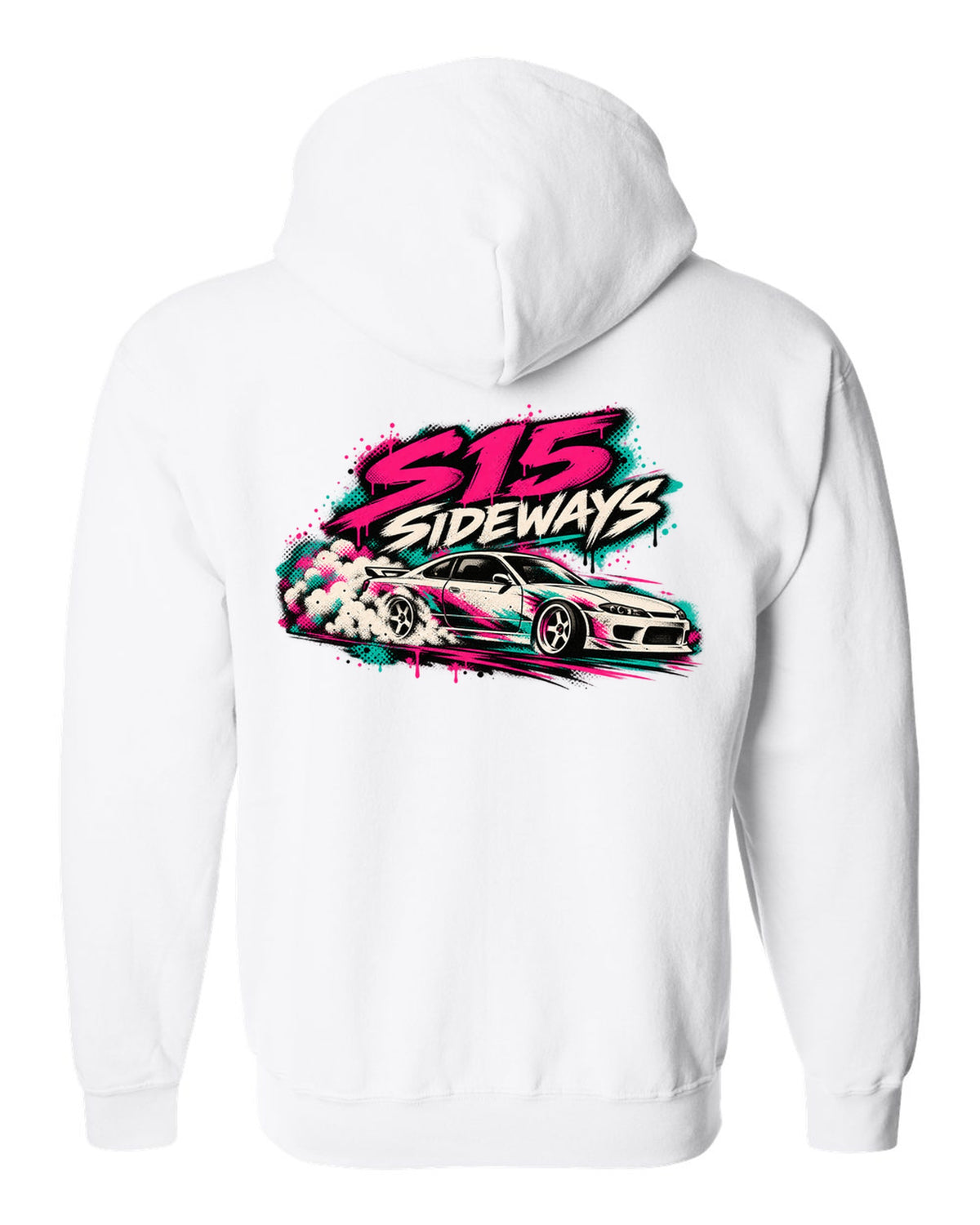 Stencil spray street art print of a Nissan Silvia S15 sliding sideways white zip hoodie back view with the design