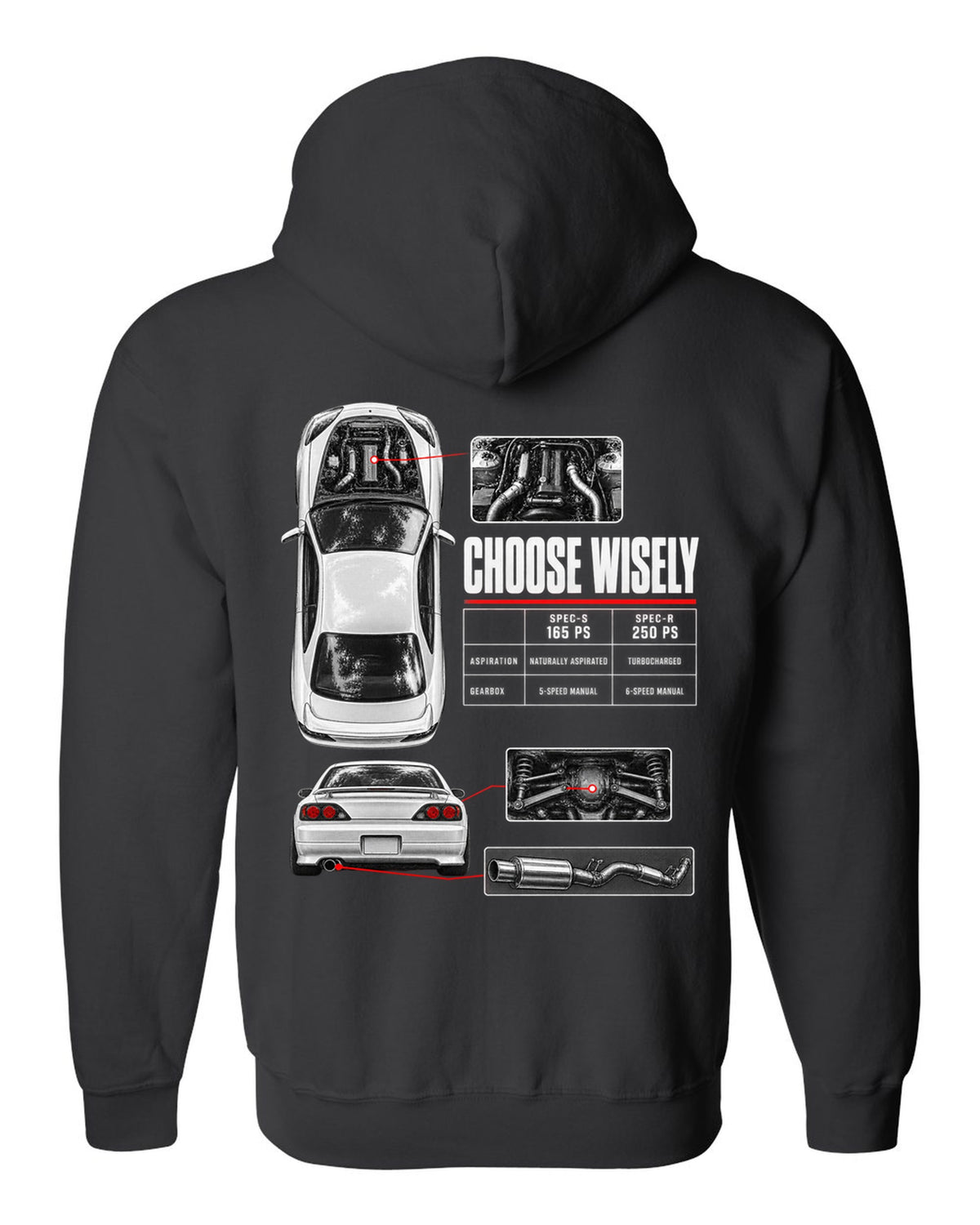 Spec poster of a Nissan Silvia S15 comparing Spec-S 165 PS and Spec-R 250 PS with Choose Wisely lettering black zip hoodie back view with the design