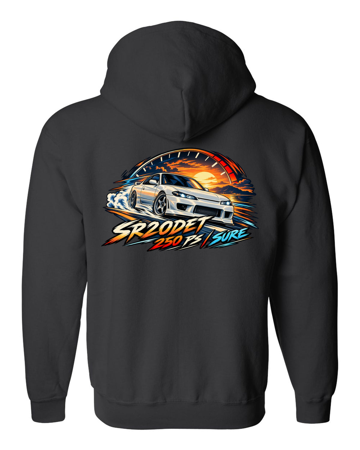 Cel-shaded anime print of a Nissan Silvia S15 with redline arc and SR20DET 250 PS text black zip hoodie back view with the design