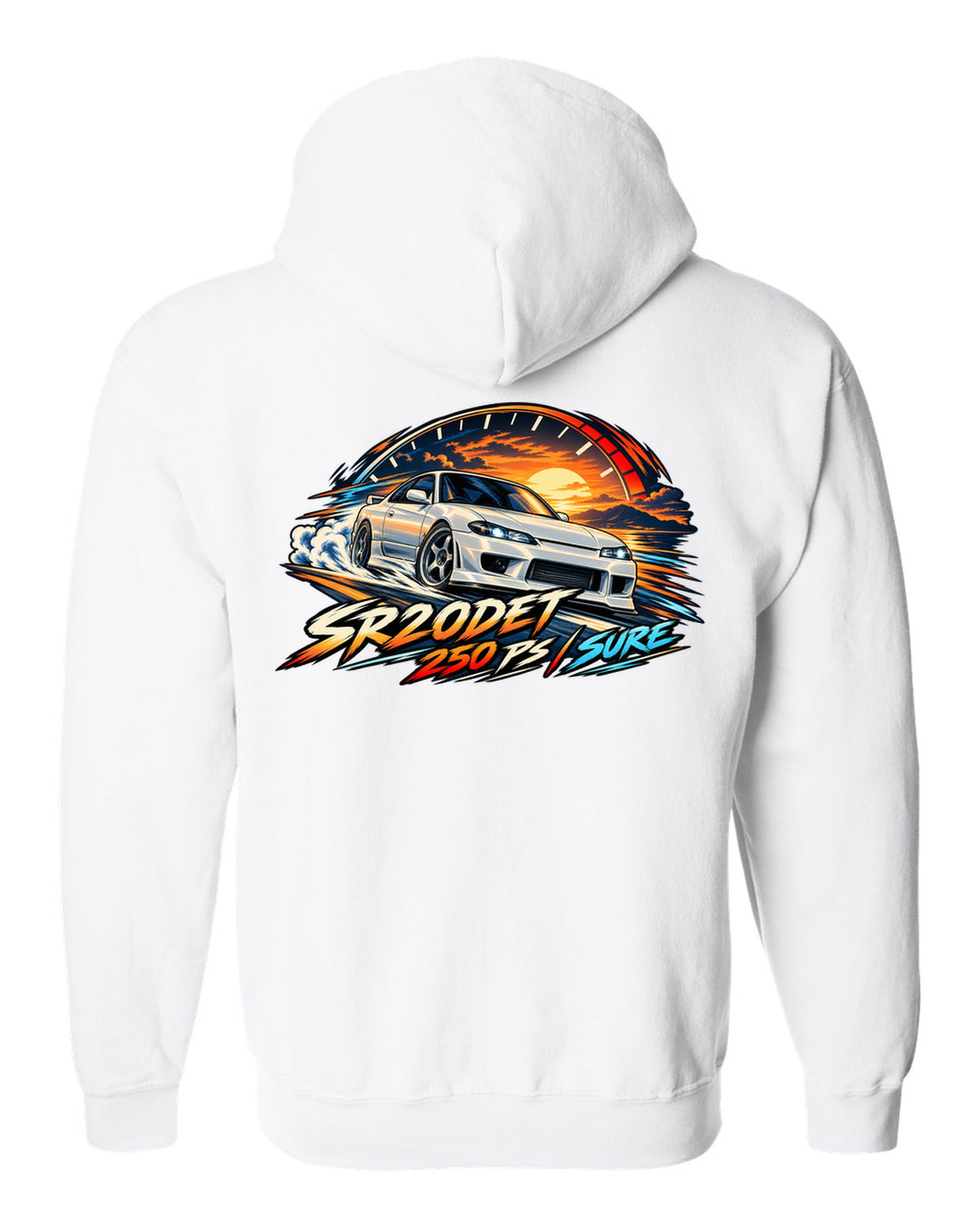 Cel-shaded anime print of a Nissan Silvia S15 with redline arc and SR20DET 250 PS text white zip hoodie back view with the design