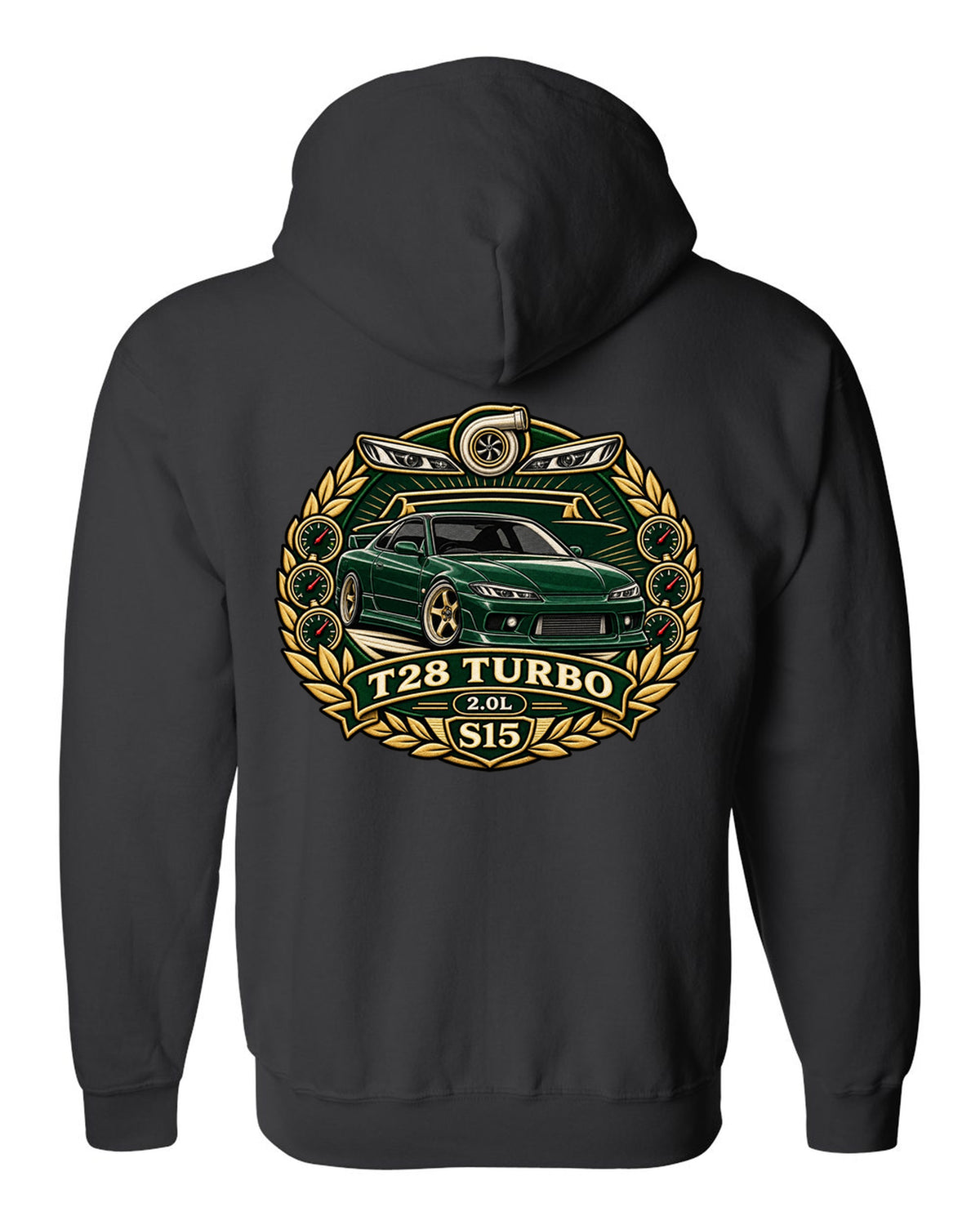 Round crest print for the Nissan Silvia S15 with turbo 2.0L engine lettering black zip hoodie back view with the design
