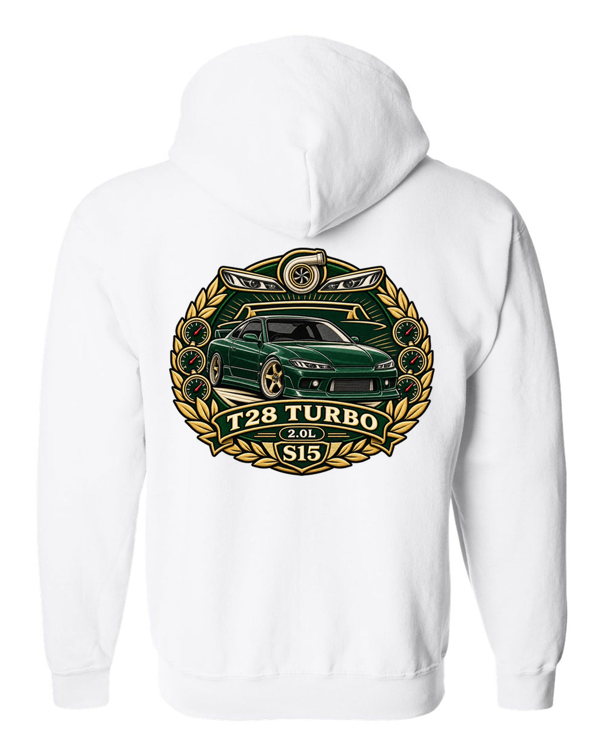 Round crest print for the Nissan Silvia S15 with turbo 2.0L engine lettering white zip hoodie back view with the design