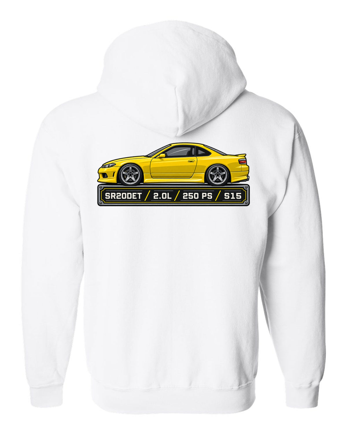 Spec-sheet data plate print for the Nissan Silvia S15 listing SR20DET 2.0L 250 PS white zip hoodie back view with the design