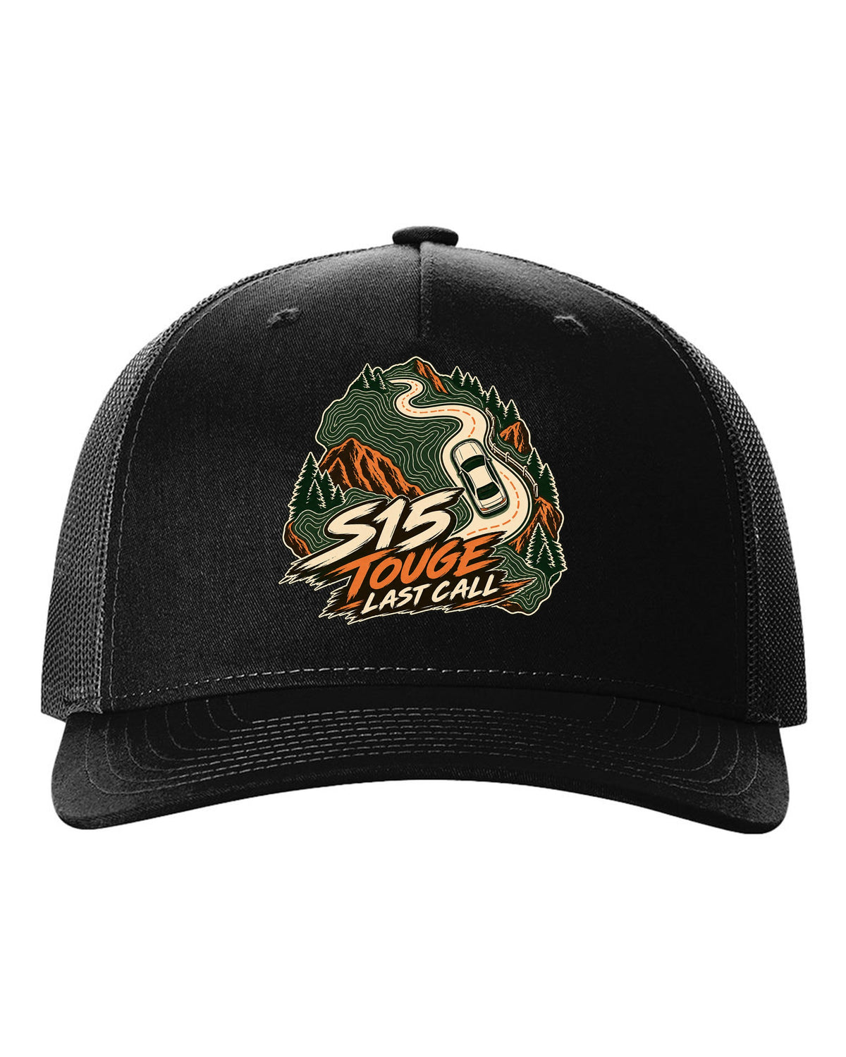 Topographic contour map line art of a mountain road with a Nissan Silvia S15 black hat front view with the design