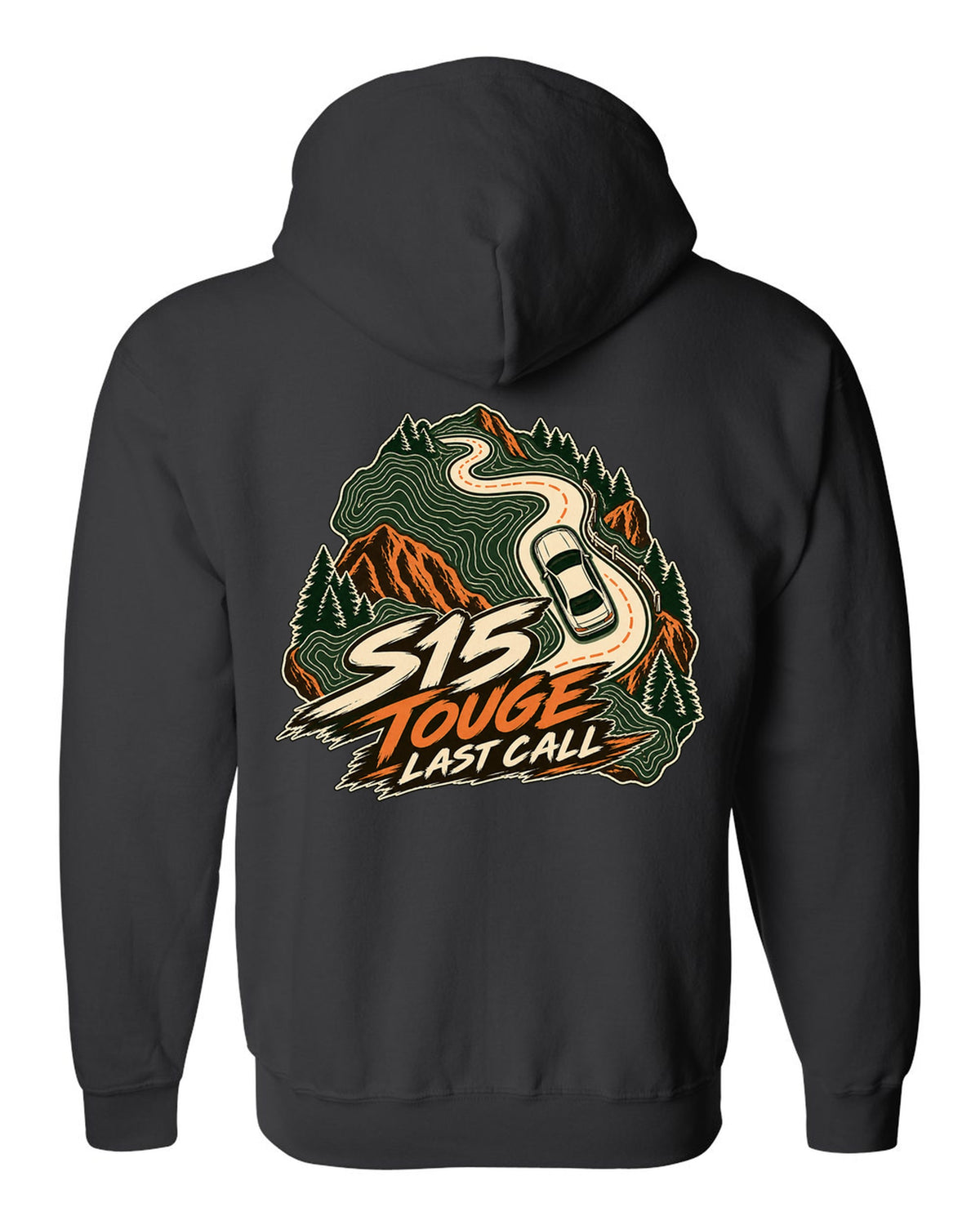 Topographic contour map line art of a mountain road with a Nissan Silvia S15 black zip hoodie back view with the design