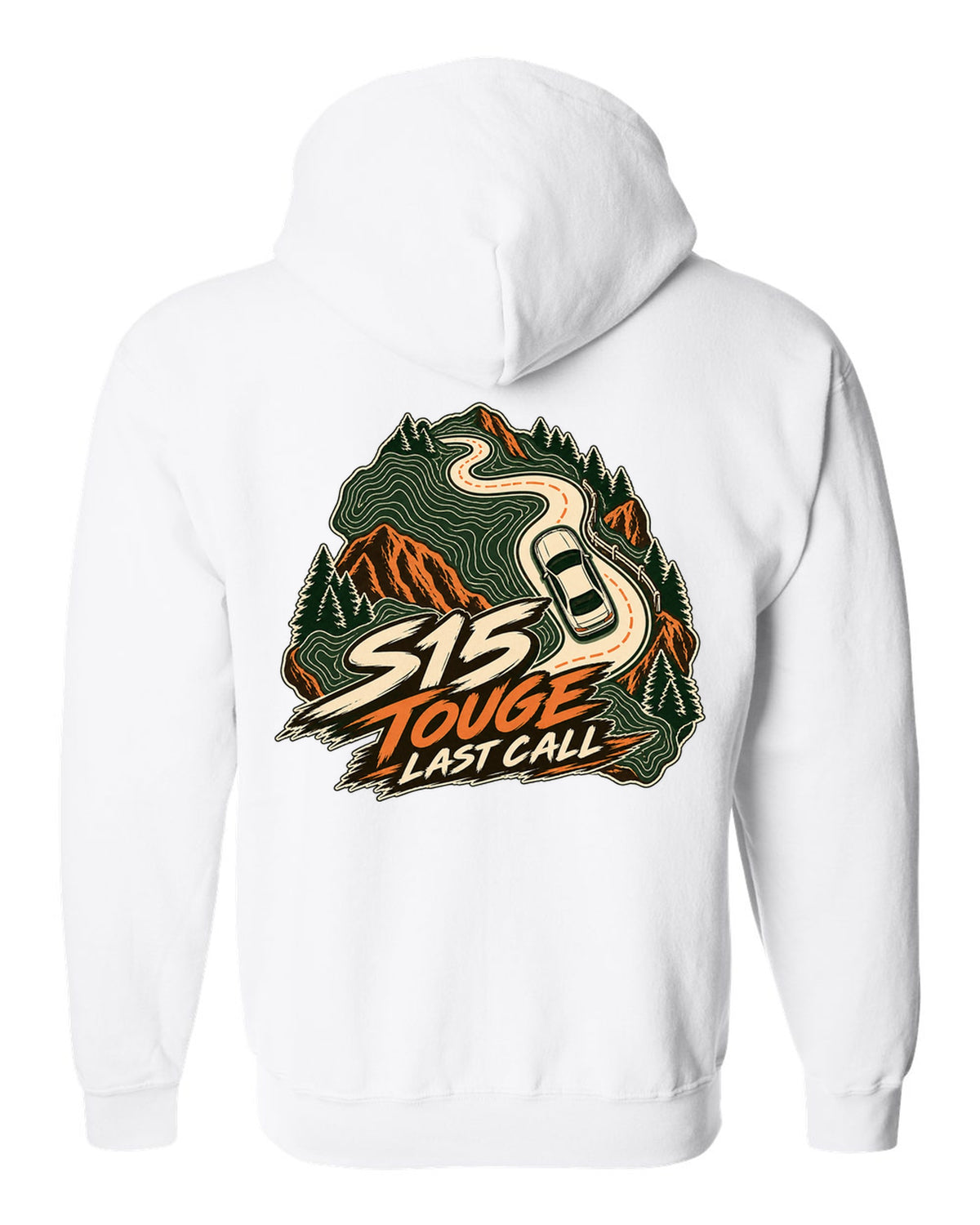 Topographic contour map line art of a mountain road with a Nissan Silvia S15 white zip hoodie back view with the design