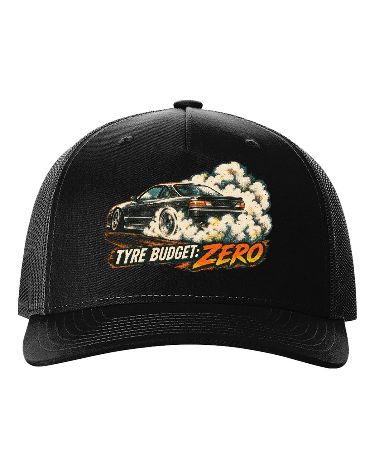 Distressed screenprint print of a 1999 Nissan Silvia S15 with Tyre Budget Zero lettering black hat front view with the design