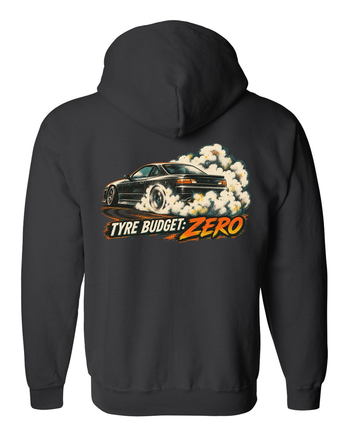 Distressed screenprint print of a 1999 Nissan Silvia S15 with Tyre Budget Zero lettering black zip hoodie back view with the design
