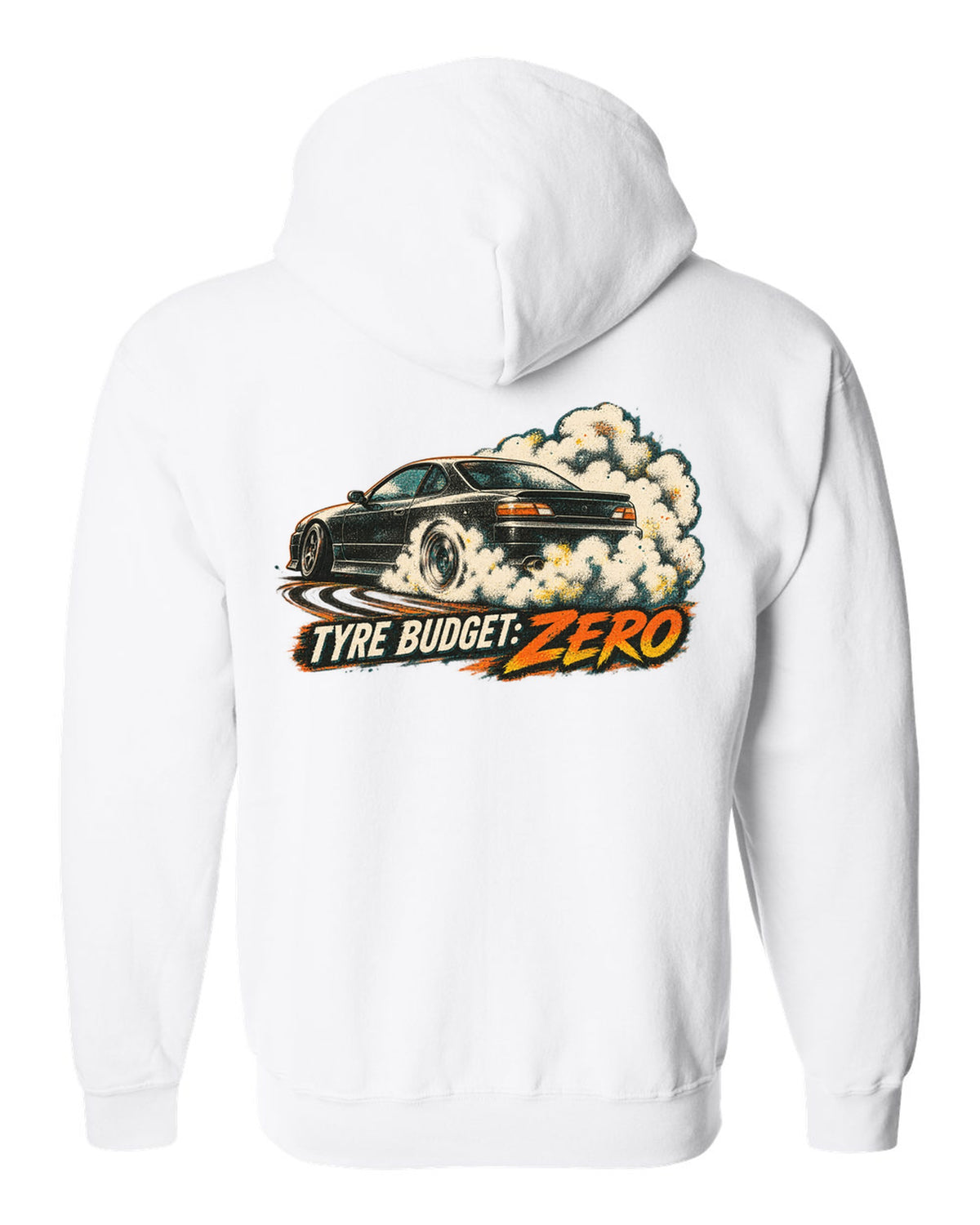 Distressed screenprint print of a 1999 Nissan Silvia S15 with Tyre Budget Zero lettering white zip hoodie back view with the design