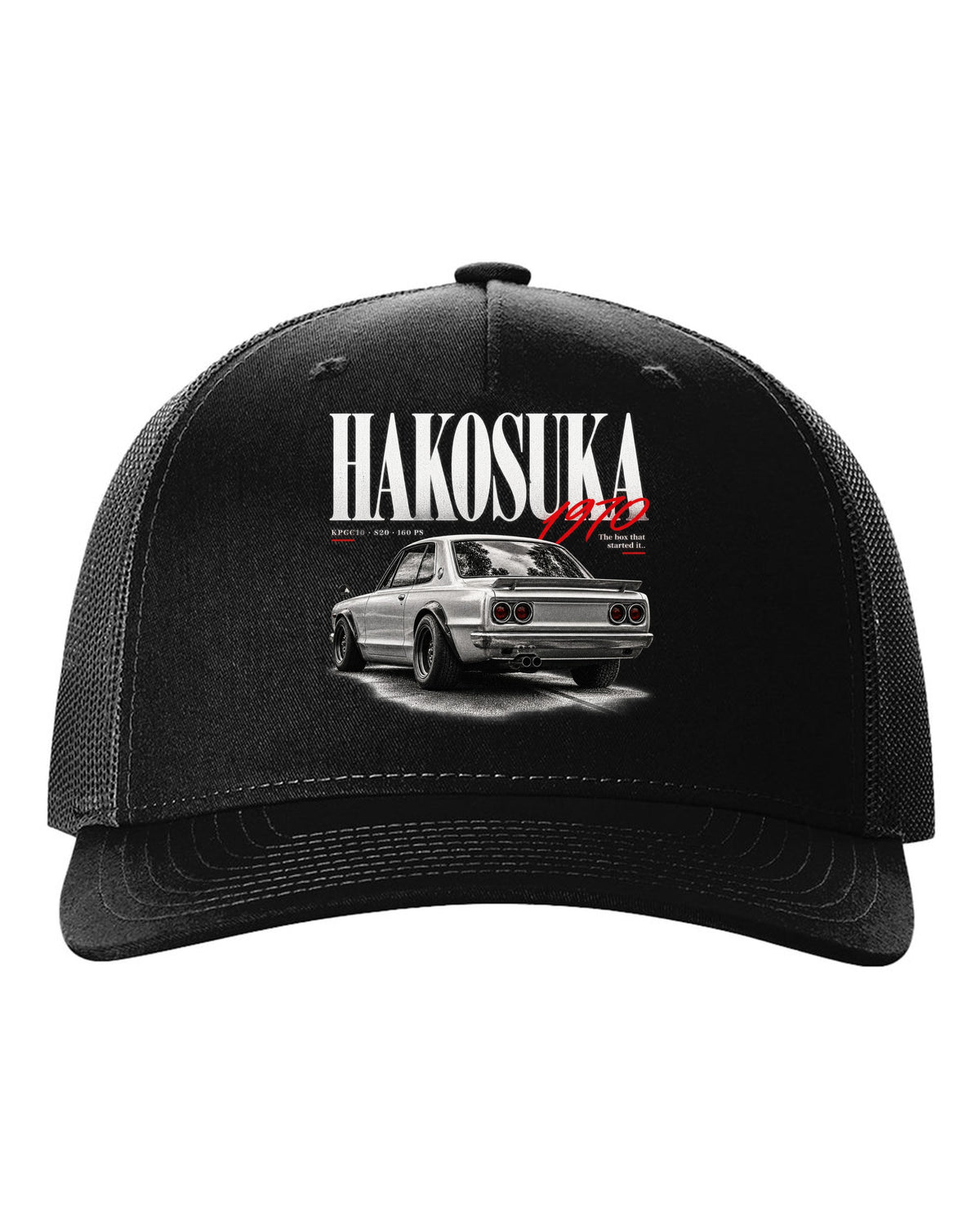 Editorial headline print of a Nissan Skyline 2000GT-R KPGC10 Hakosuka black hat front view with the design