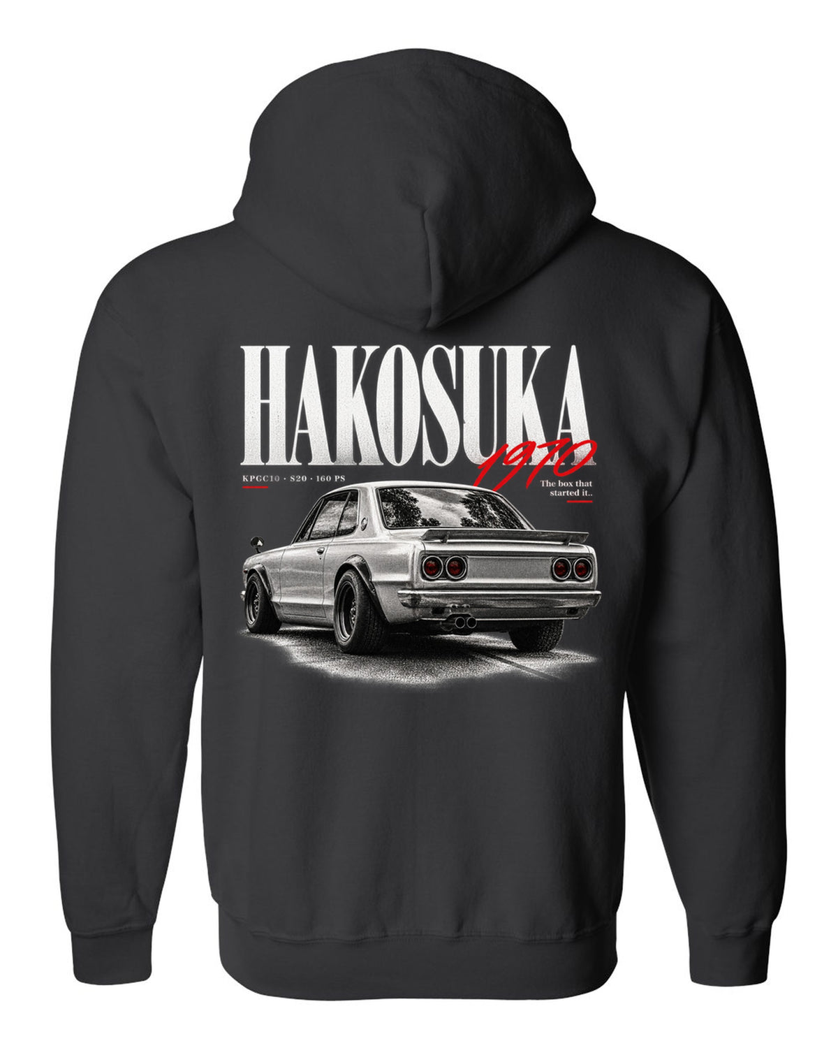 Editorial headline print of a Nissan Skyline 2000GT-R KPGC10 Hakosuka black zip hoodie back view with the design