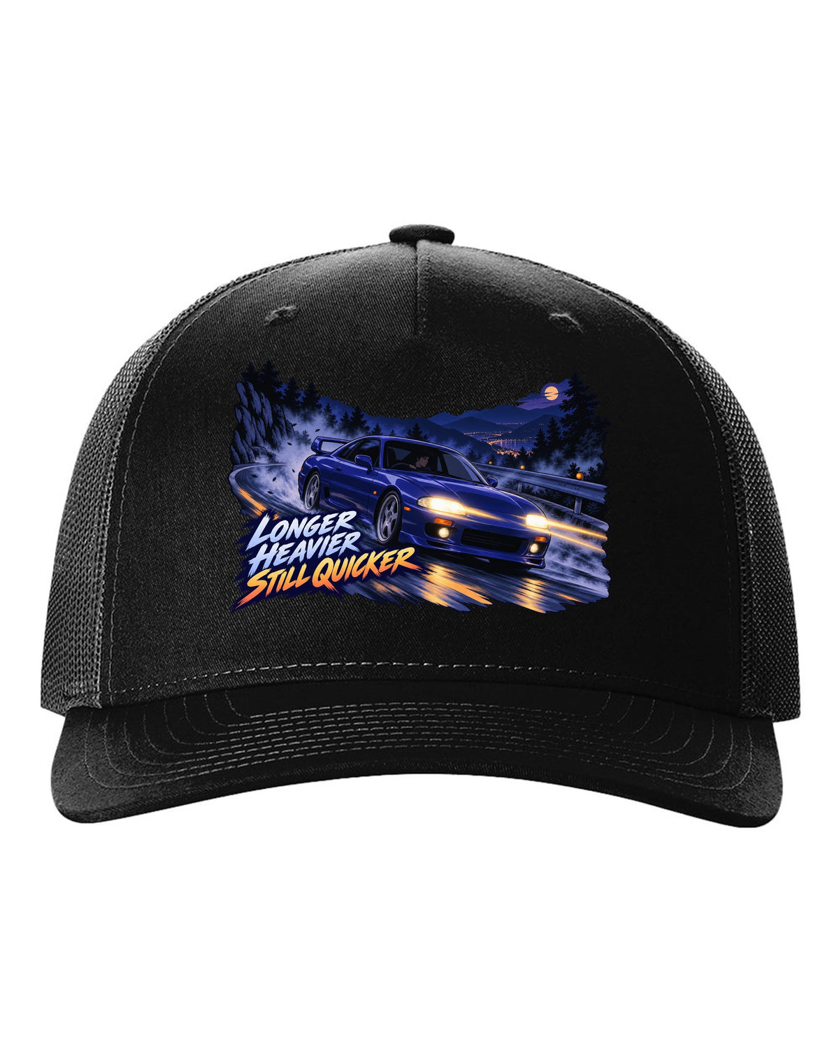Cel-shaded 90s anime night touge print of a Nissan Skyline GT-R BCNR33 with longer heavier still quicker lettering black hat front view with the design