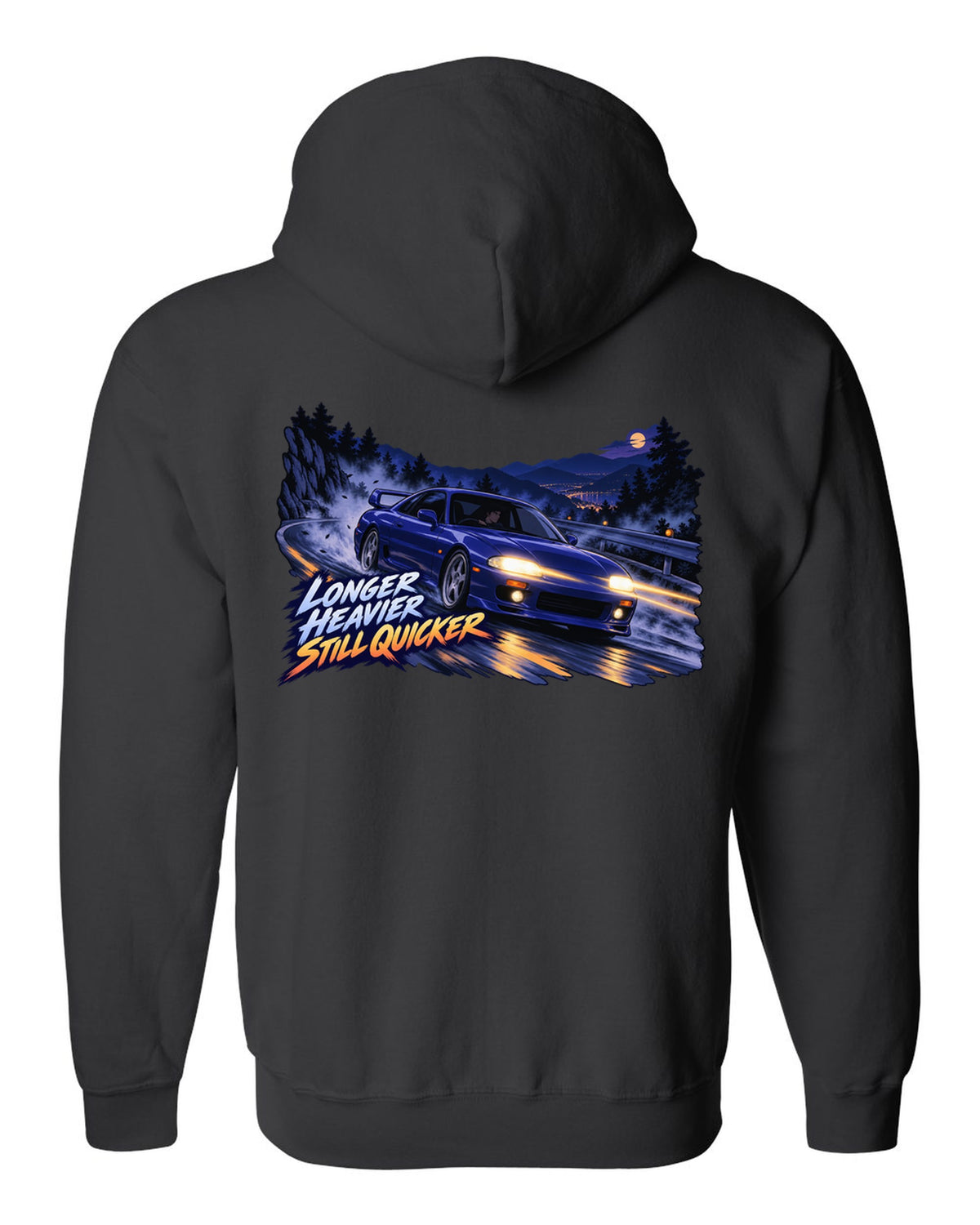 Cel-shaded 90s anime night touge print of a Nissan Skyline GT-R BCNR33 with longer heavier still quicker lettering black zip hoodie back view with the design