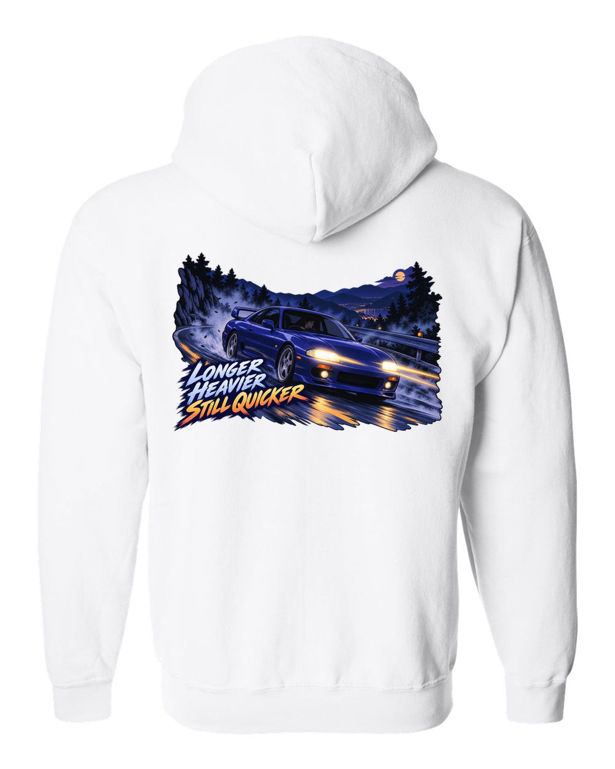 Cel-shaded 90s anime night touge print of a Nissan Skyline GT-R BCNR33 with longer heavier still quicker lettering white zip hoodie back view with the design