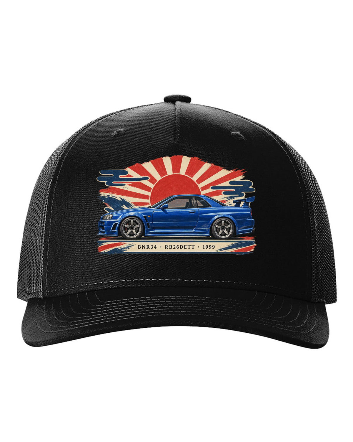 Retro Japanese Showa catalogue ad style print of a 1999 Nissan Skyline GT-R BNR34 with RB26DETT lettering black hat front view with the design