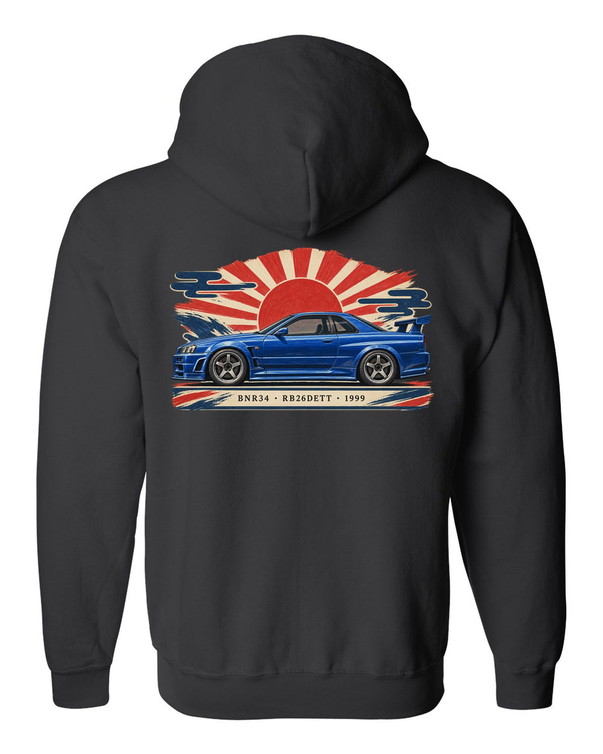 Retro Japanese Showa catalogue ad style print of a 1999 Nissan Skyline GT-R BNR34 with RB26DETT lettering black zip hoodie back view with the design