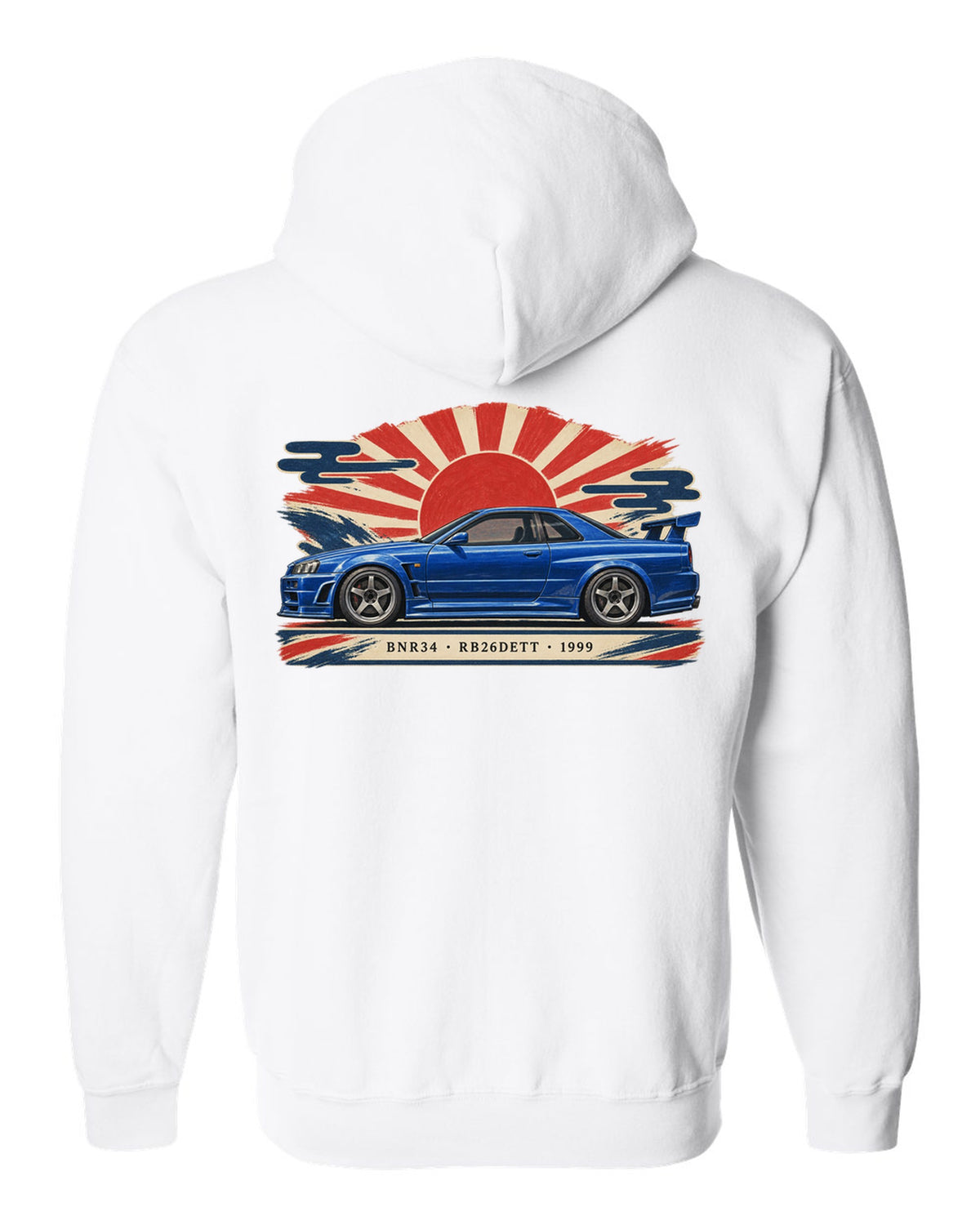 Retro Japanese Showa catalogue ad style print of a 1999 Nissan Skyline GT-R BNR34 with RB26DETT lettering white zip hoodie back view with the design