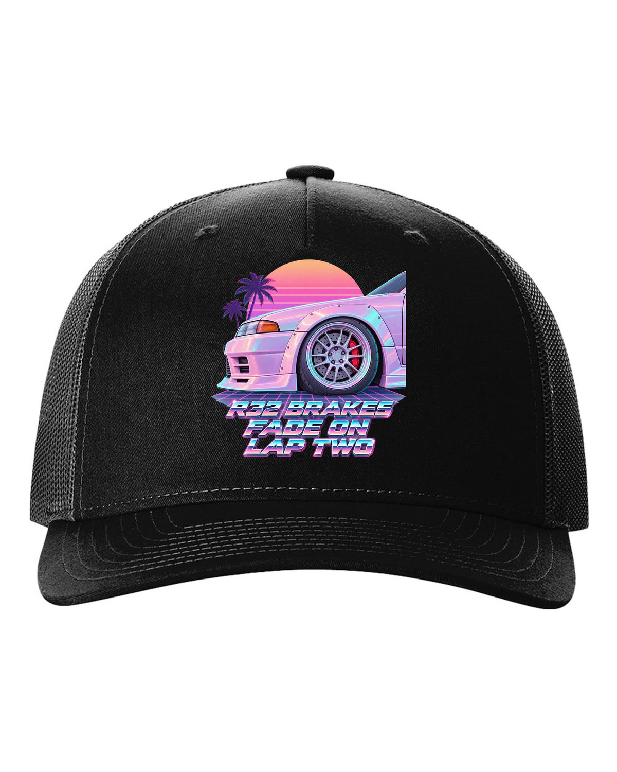 Vaporwave pastel print of a brake wheel with Nissan Skyline GT-R BNR32 brake fade lettering black hat front view with the design