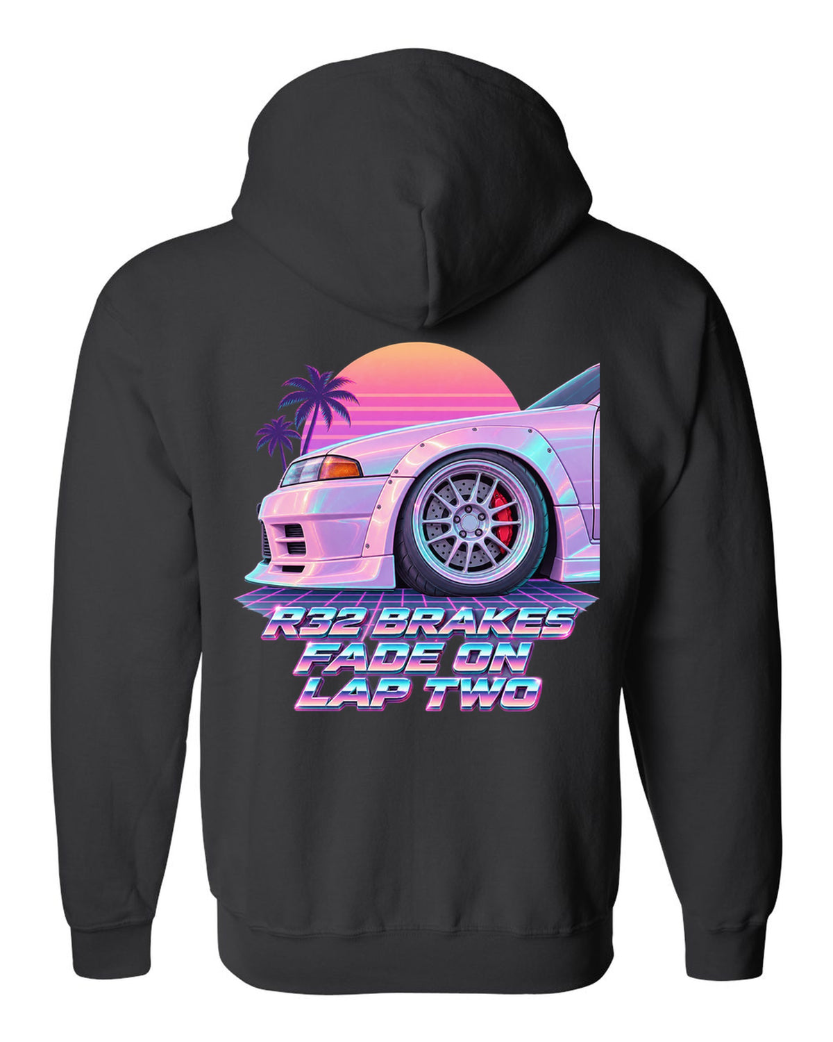 Vaporwave pastel print of a brake wheel with Nissan Skyline GT-R BNR32 brake fade lettering black zip hoodie back view with the design
