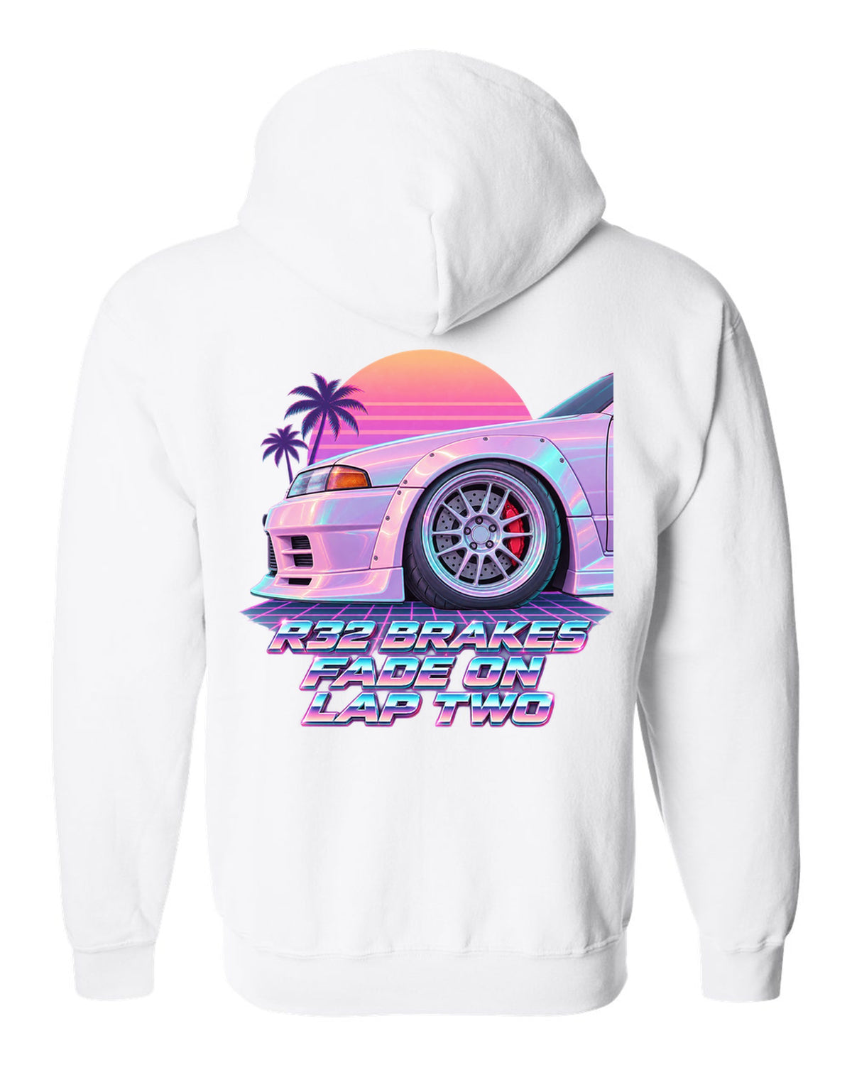 Vaporwave pastel print of a brake wheel with Nissan Skyline GT-R BNR32 brake fade lettering white zip hoodie back view with the design