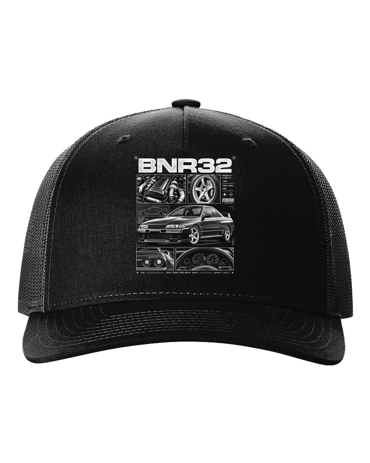 Dossier panel print of a Nissan Skyline GT-R R32 BNR32 with RB26DETT specs black hat front view with the design