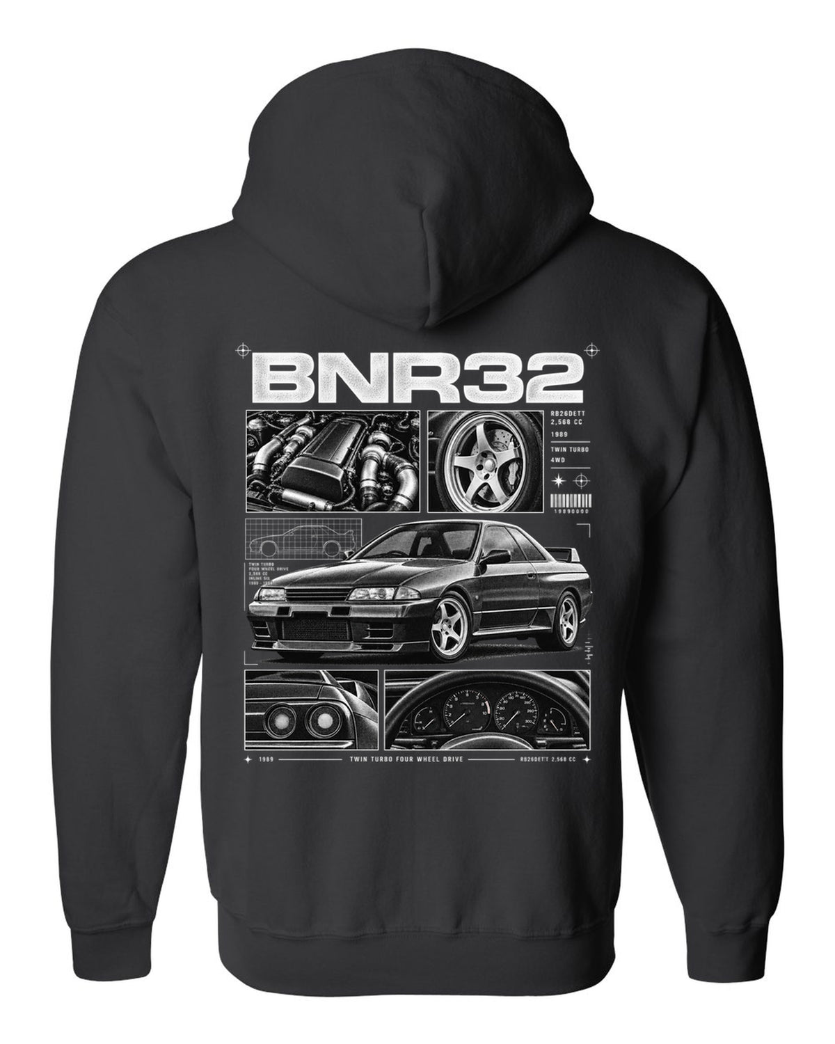 Dossier panel print of a Nissan Skyline GT-R R32 BNR32 with RB26DETT specs black zip hoodie back view with the design