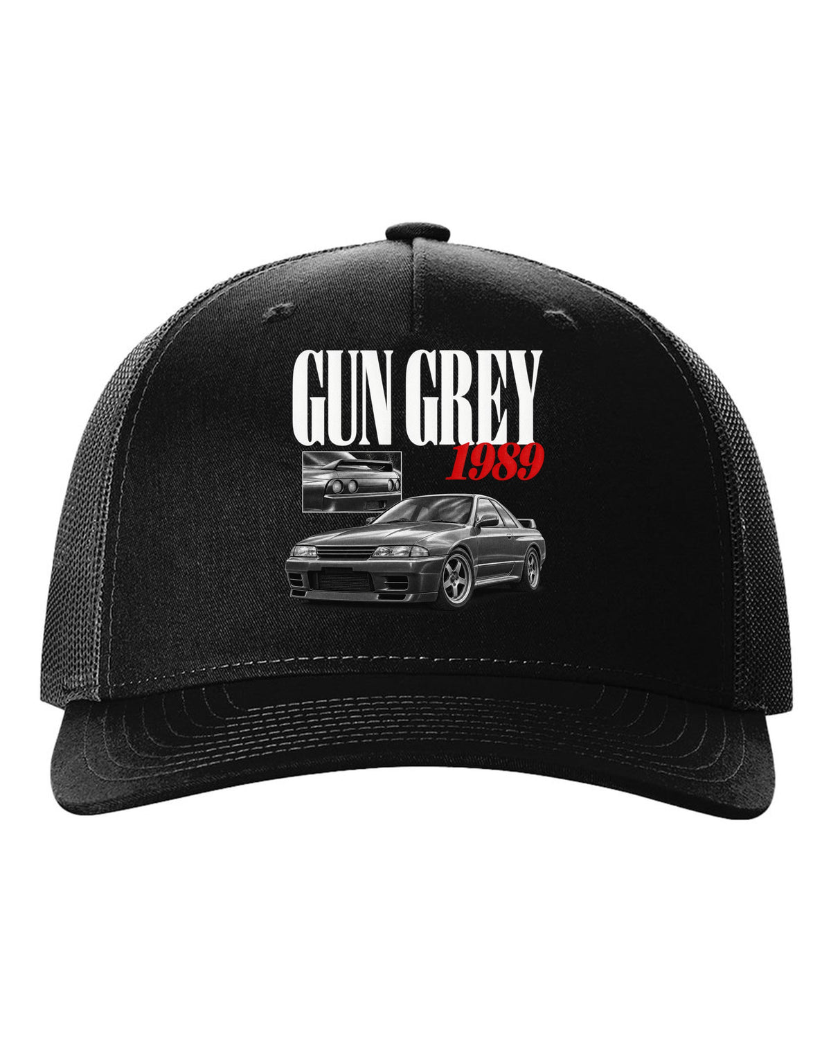 Editorial headline print of a Nissan Skyline GT-R R32 BNR32 in Gun Grey with 1989 text black hat front view with the design