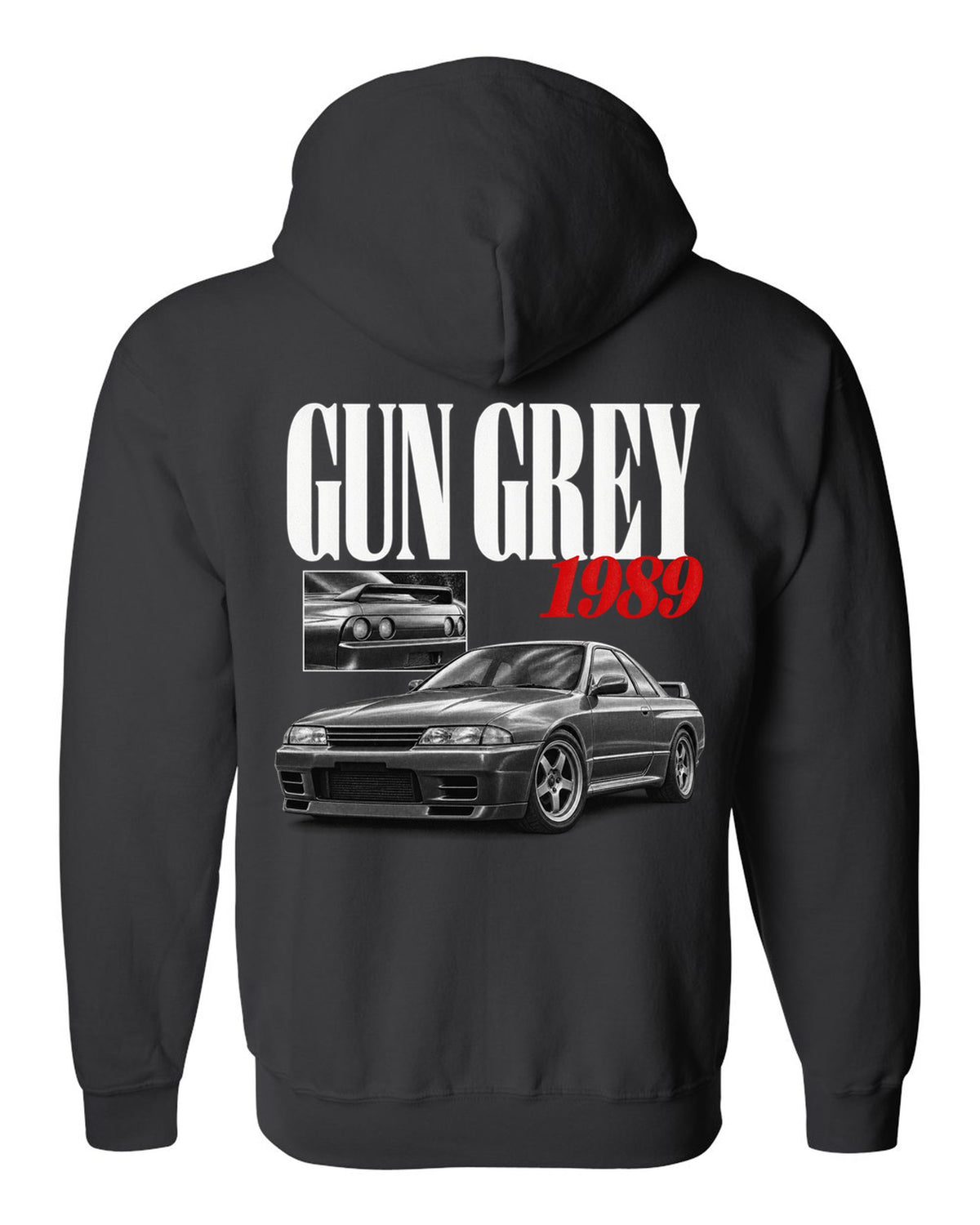 Editorial headline print of a Nissan Skyline GT-R R32 BNR32 in Gun Grey with 1989 text black zip hoodie back view with the design