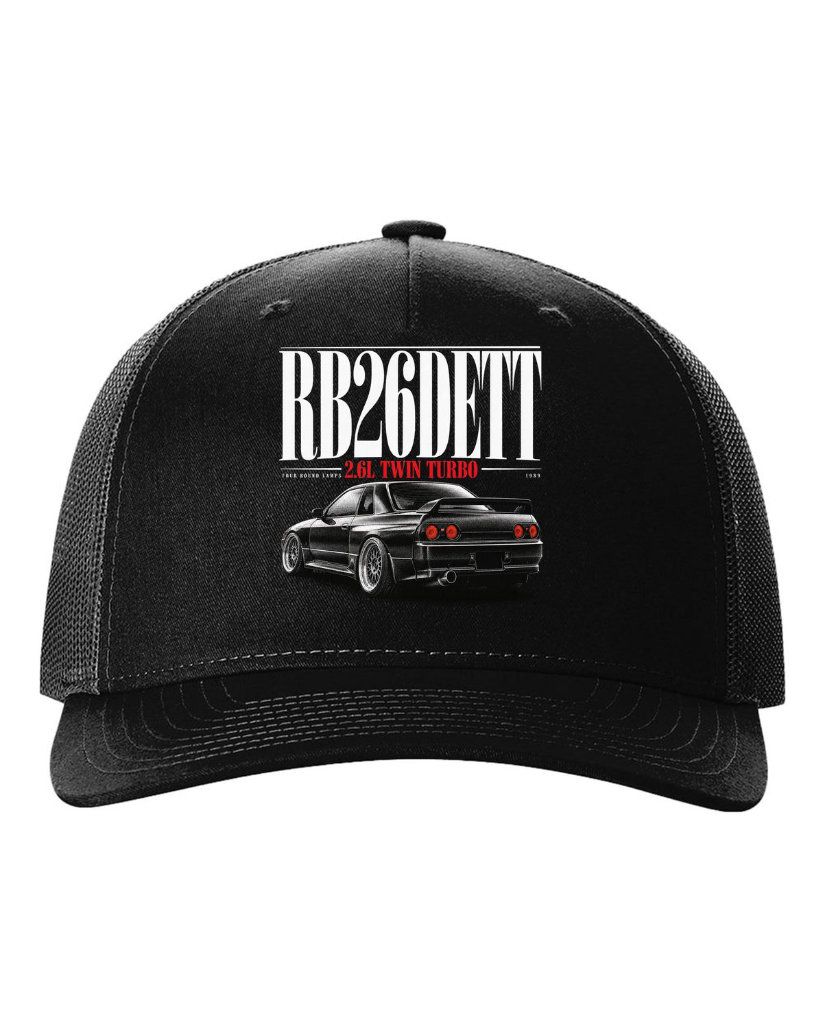 Editorial headline print of a Nissan Skyline GT-R R32 BNR32 with RB26DETT text black hat front view with the design