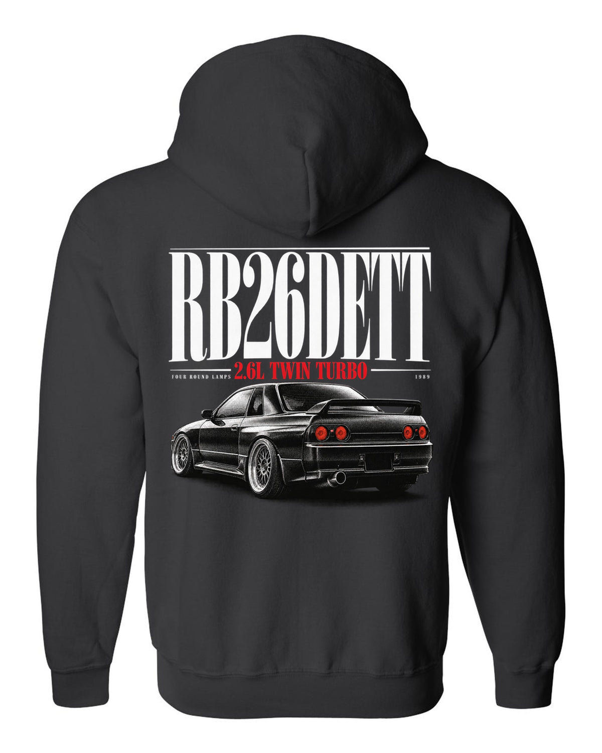 Editorial headline print of a Nissan Skyline GT-R R32 BNR32 with RB26DETT text black zip hoodie back view with the design