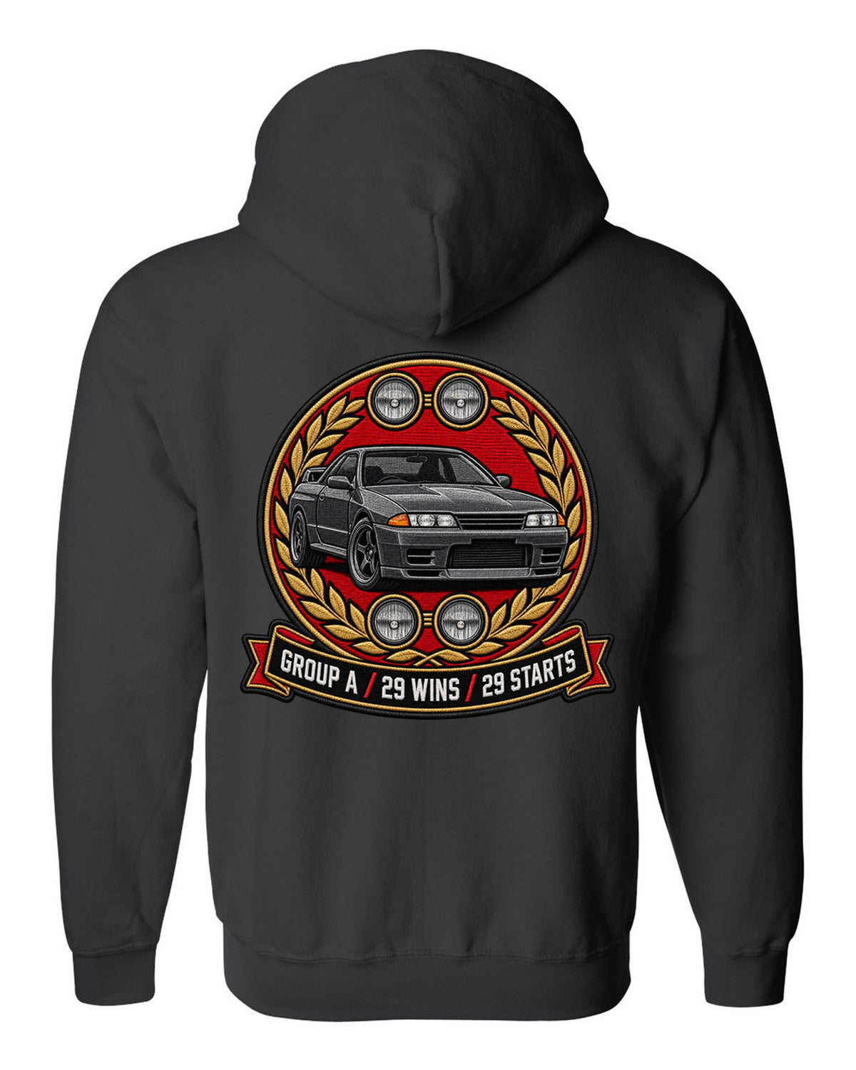 Embroidery-style round crest print for the Nissan Skyline GT-R R32 BNR32 with Group A 29 wins text black zip hoodie back view with the design
