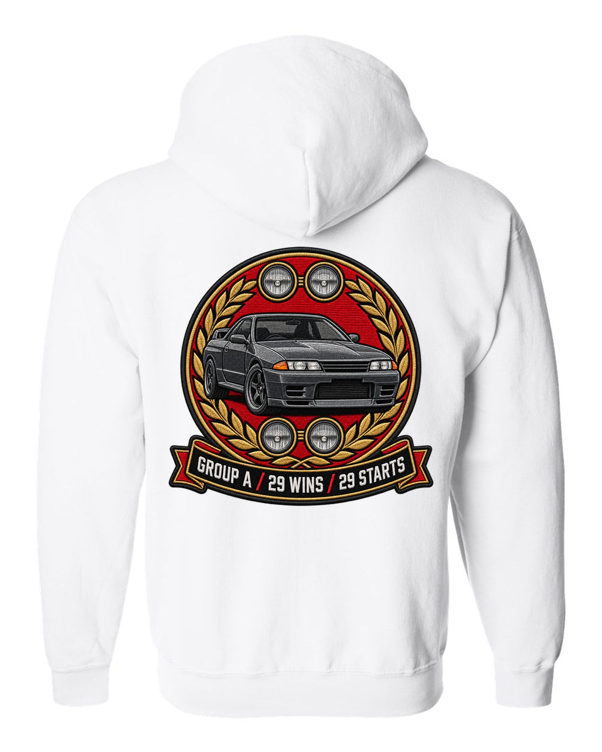 Embroidery-style round crest print for the Nissan Skyline GT-R R32 BNR32 with Group A 29 wins text white zip hoodie back view with the design