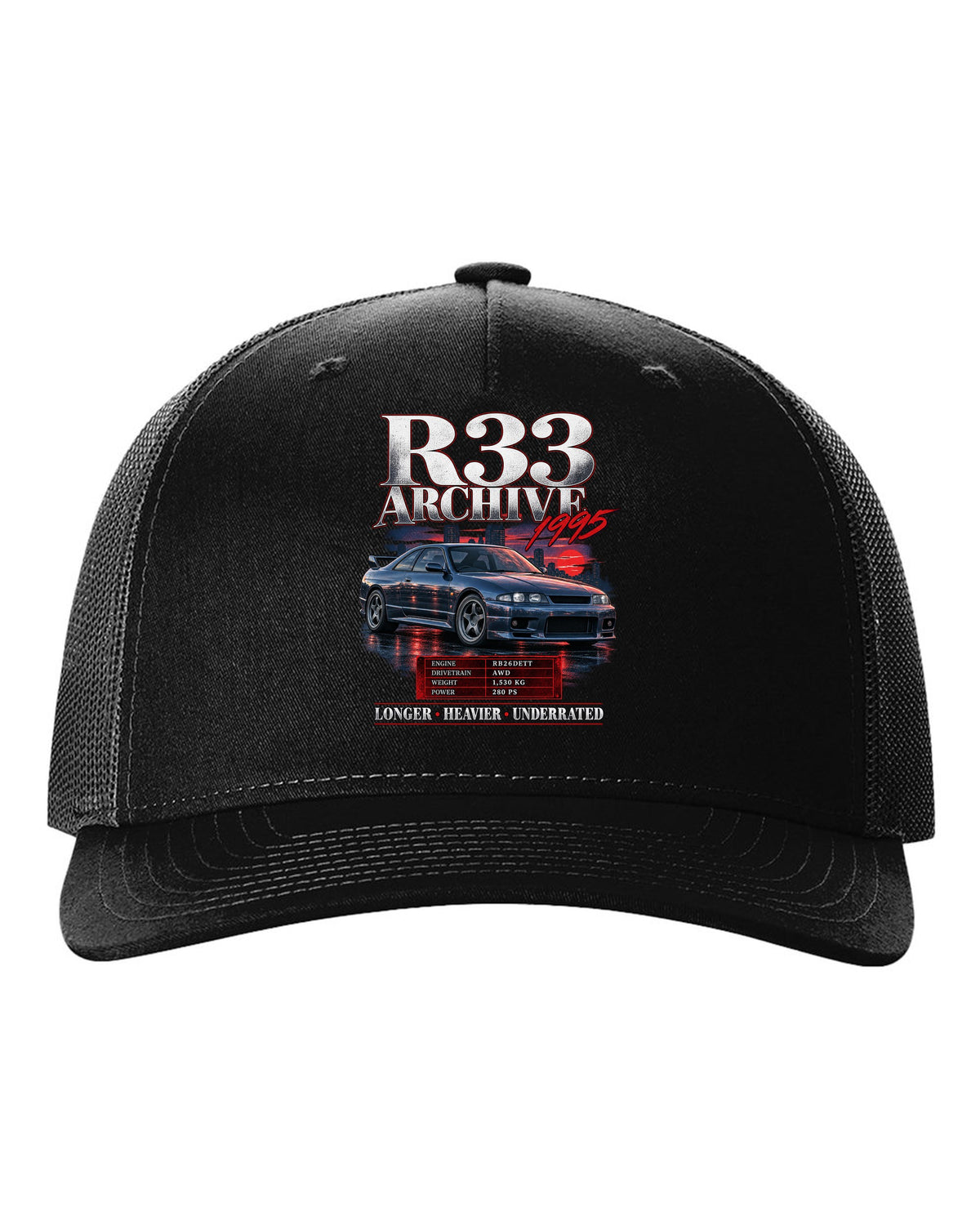 Archive panel print of a Nissan Skyline GT-R R33 BCNR33 with spec lettering black hat front view with the design