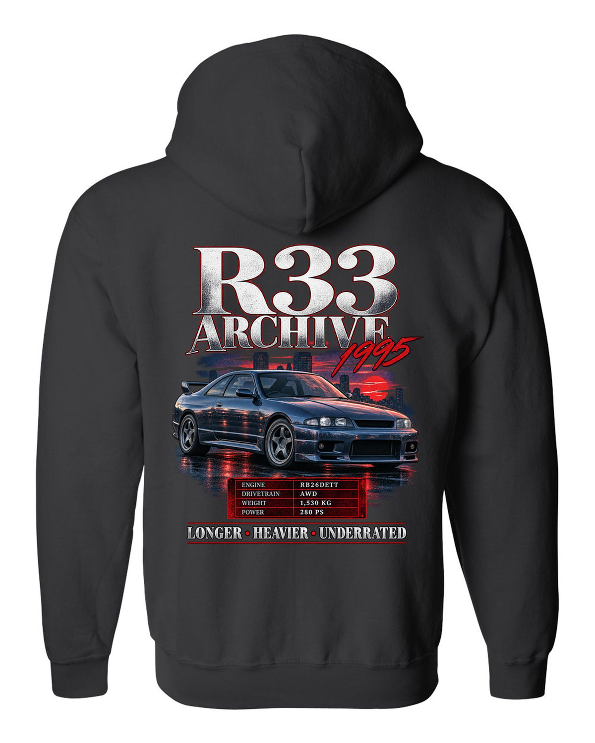 Archive panel print of a Nissan Skyline GT-R R33 BCNR33 with spec lettering black zip hoodie back view with the design