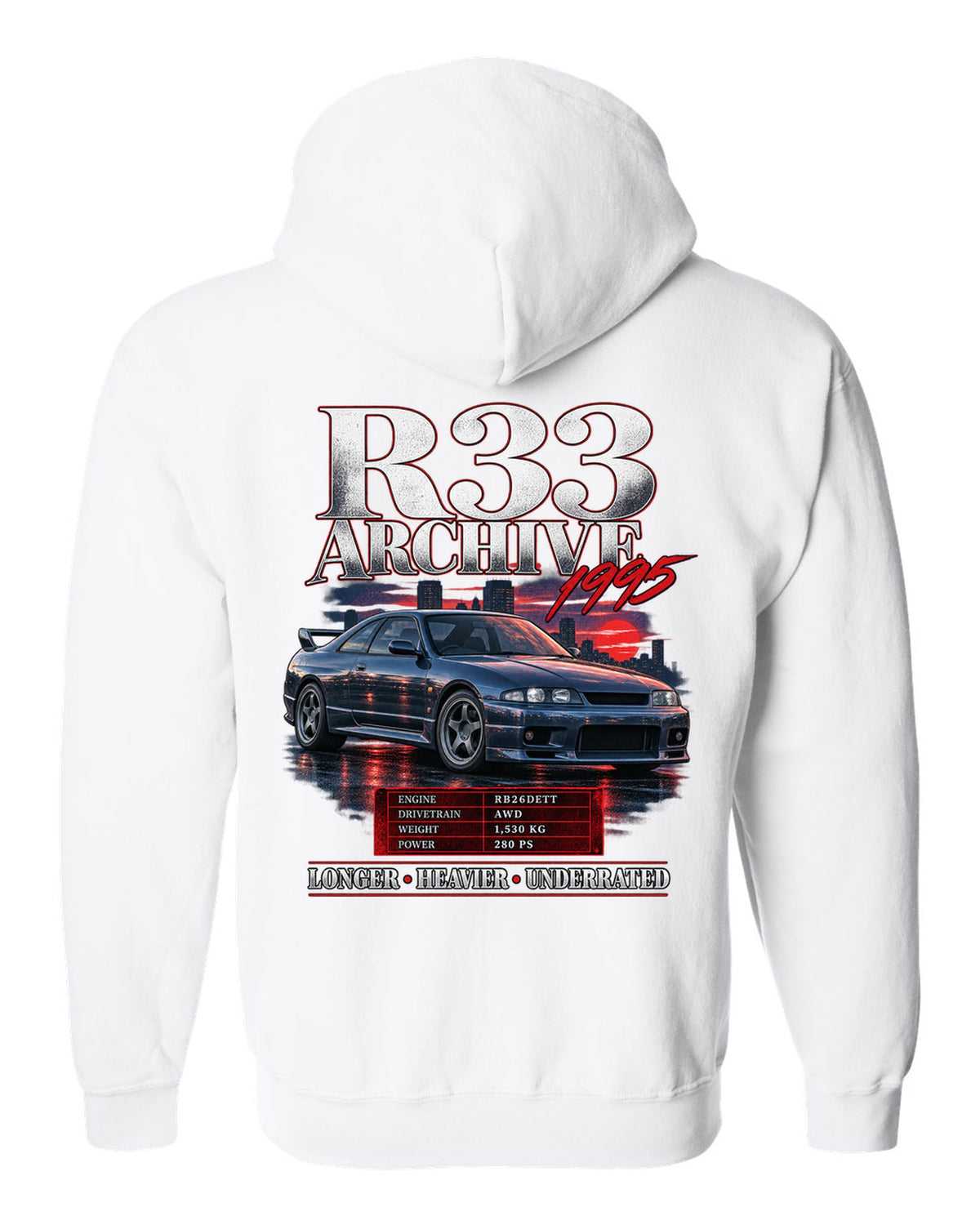 Archive panel print of a Nissan Skyline GT-R R33 BCNR33 with spec lettering white zip hoodie back view with the design