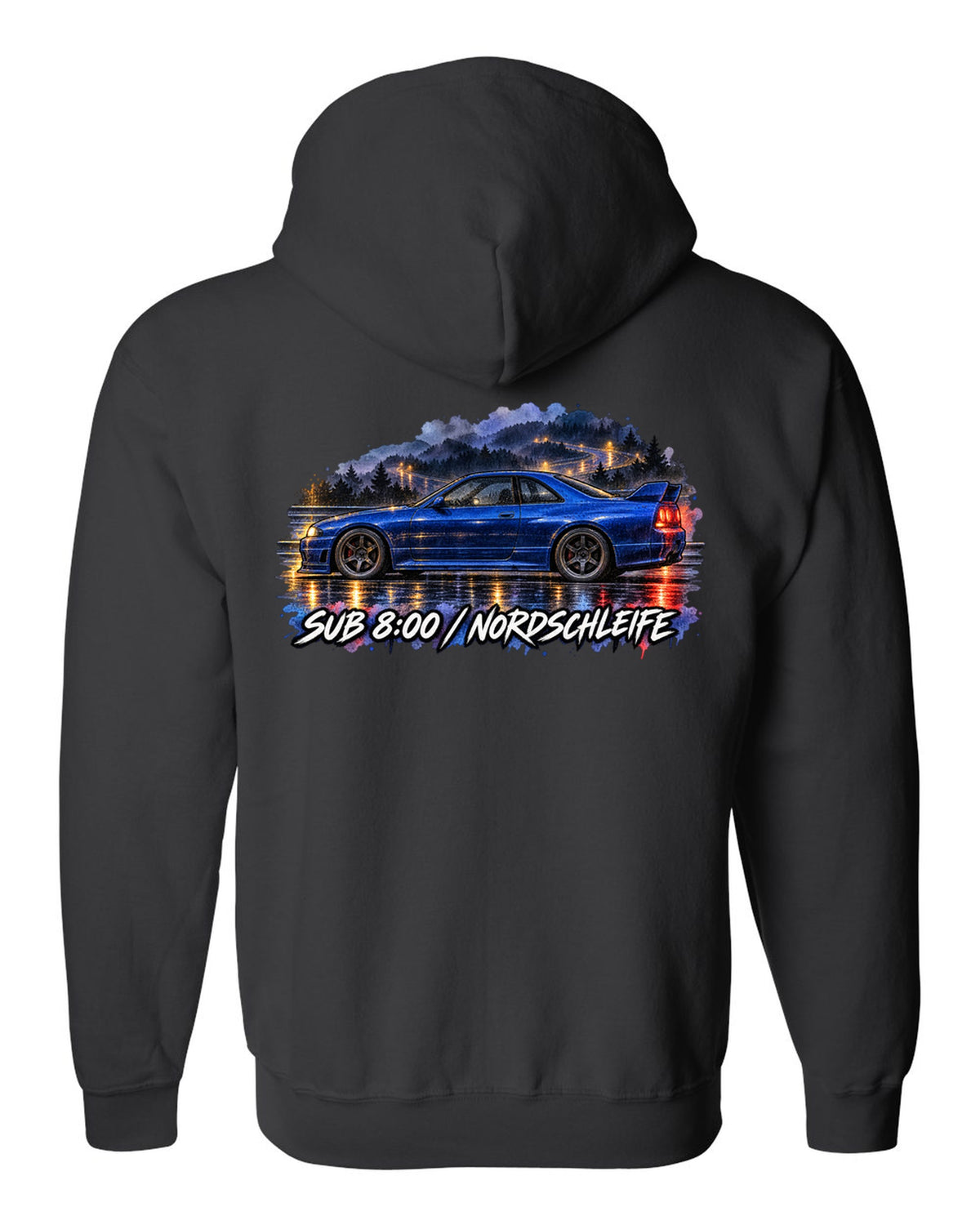 Watercolour wet-road night print of a Champion Blue Nissan Skyline GT-R R33 BCNR33 black zip hoodie back view with the design