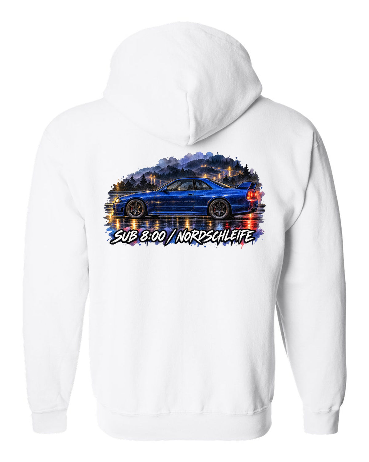 Watercolour wet-road night print of a Champion Blue Nissan Skyline GT-R R33 BCNR33 white zip hoodie back view with the design