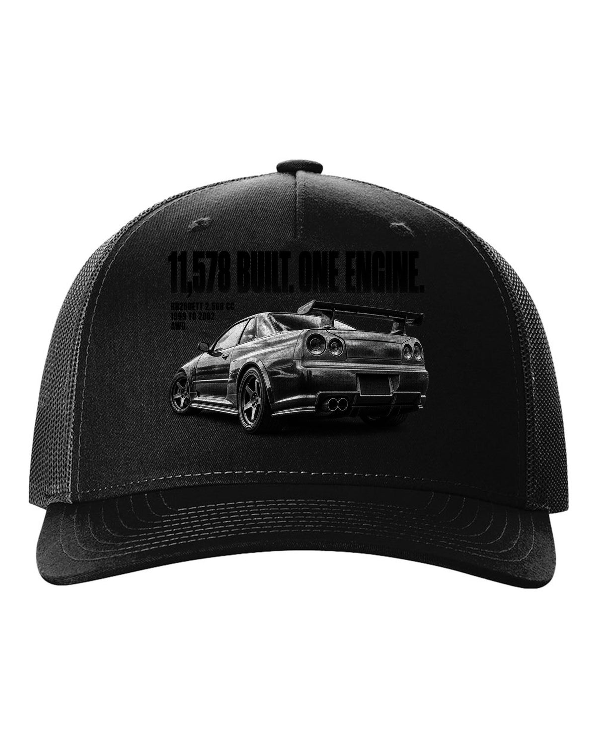 Halftone rear three-quarter view of a Nissan Skyline GT-R R34 with 11,578 built lettering black hat front view with the design