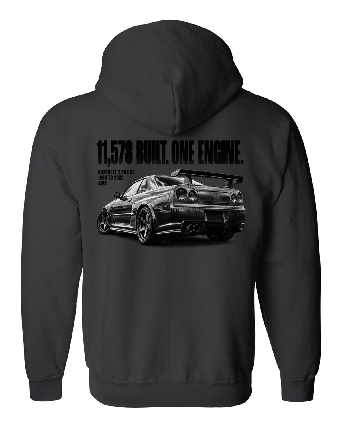 Halftone rear three-quarter view of a Nissan Skyline GT-R R34 with 11,578 built lettering black zip hoodie back view with the design