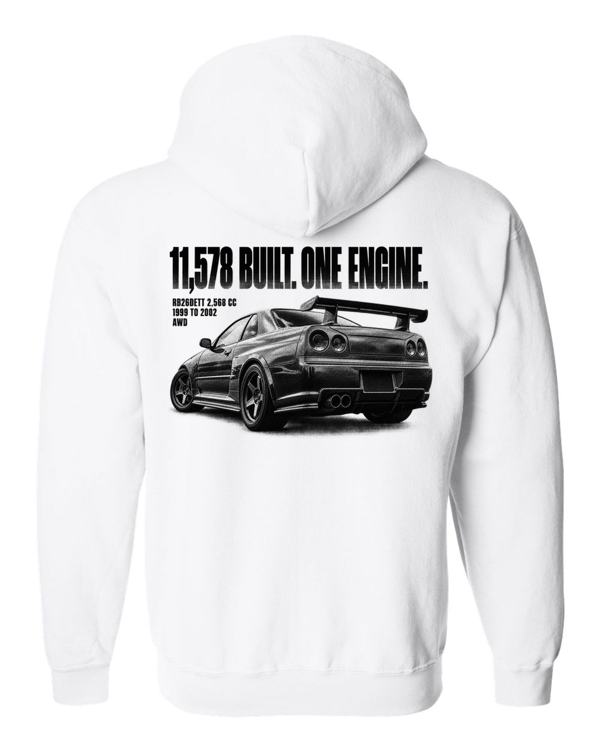 Halftone rear three-quarter view of a Nissan Skyline GT-R R34 with 11,578 built lettering white zip hoodie back view with the design