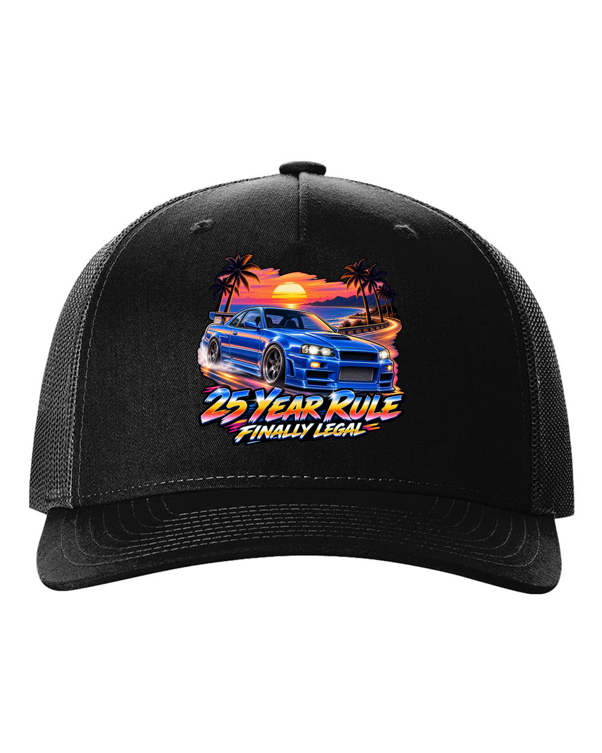 Retro airbrush sunset poster print of a Nissan Skyline GT-R R34 BNR34 with 25 year rule text black hat front view with the design