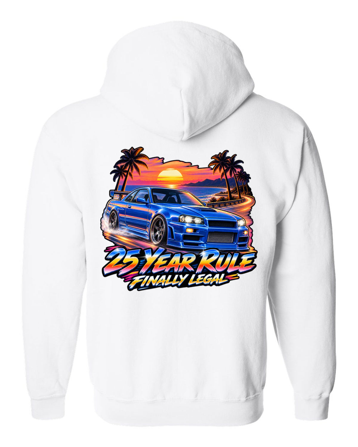 Retro airbrush sunset poster print of a Nissan Skyline GT-R R34 BNR34 with 25 year rule text white zip hoodie back view with the design