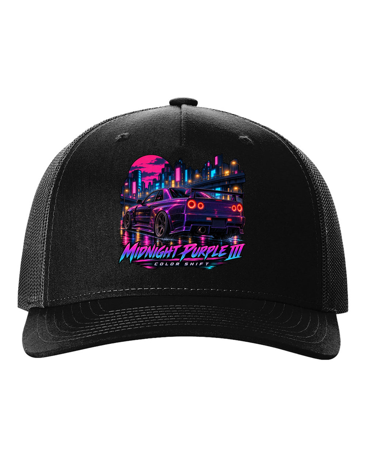 Cel-shaded anime night street print of a Midnight Purple III Nissan Skyline GT-R R34 BNR34 black hat front view with the design