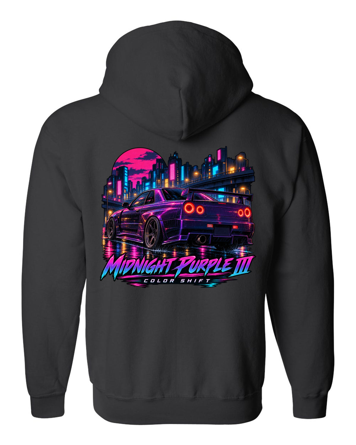Cel-shaded anime night street print of a Midnight Purple III Nissan Skyline GT-R R34 BNR34 black zip hoodie back view with the design