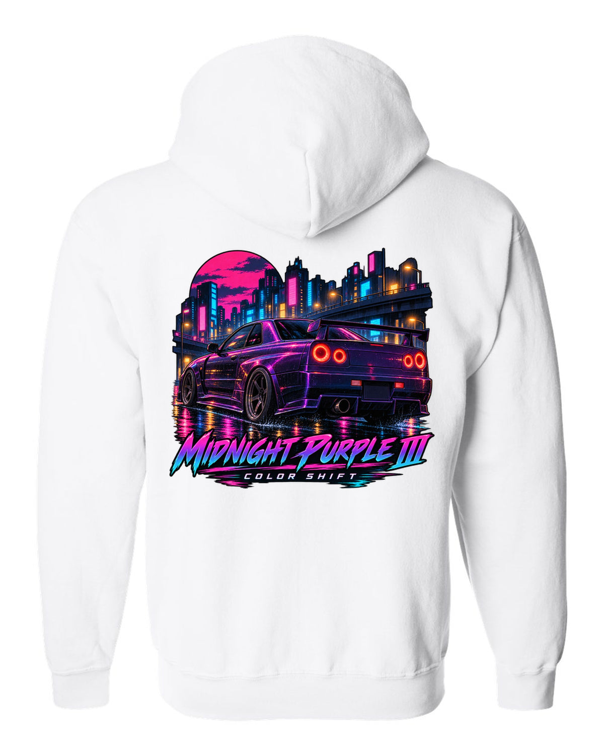 Cel-shaded anime night street print of a Midnight Purple III Nissan Skyline GT-R R34 BNR34 white zip hoodie back view with the design