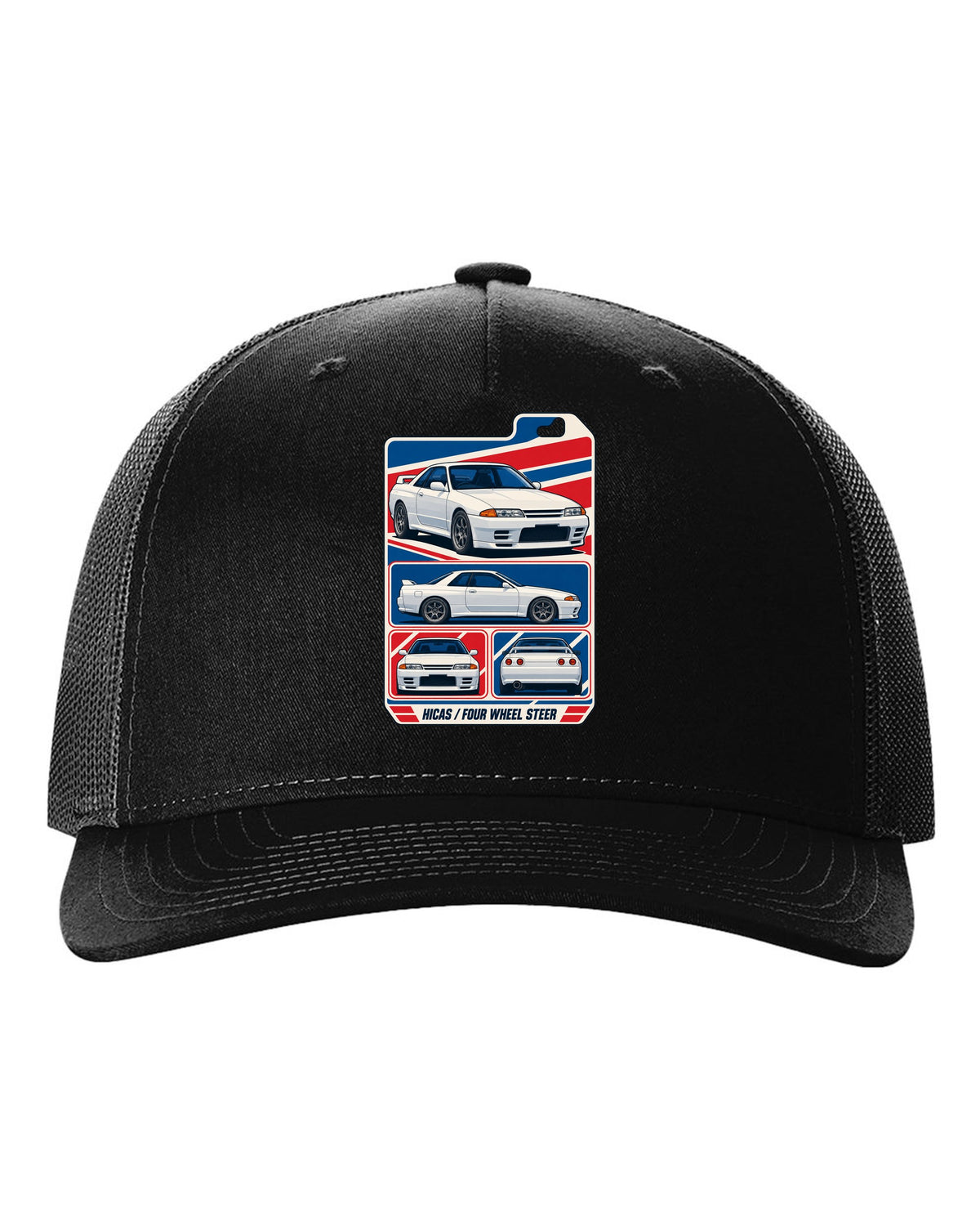 Varsity shield crest print for the Nissan Skyline GT-R R34 reading Allegedly 280 PS, Sure black hat front view with the design