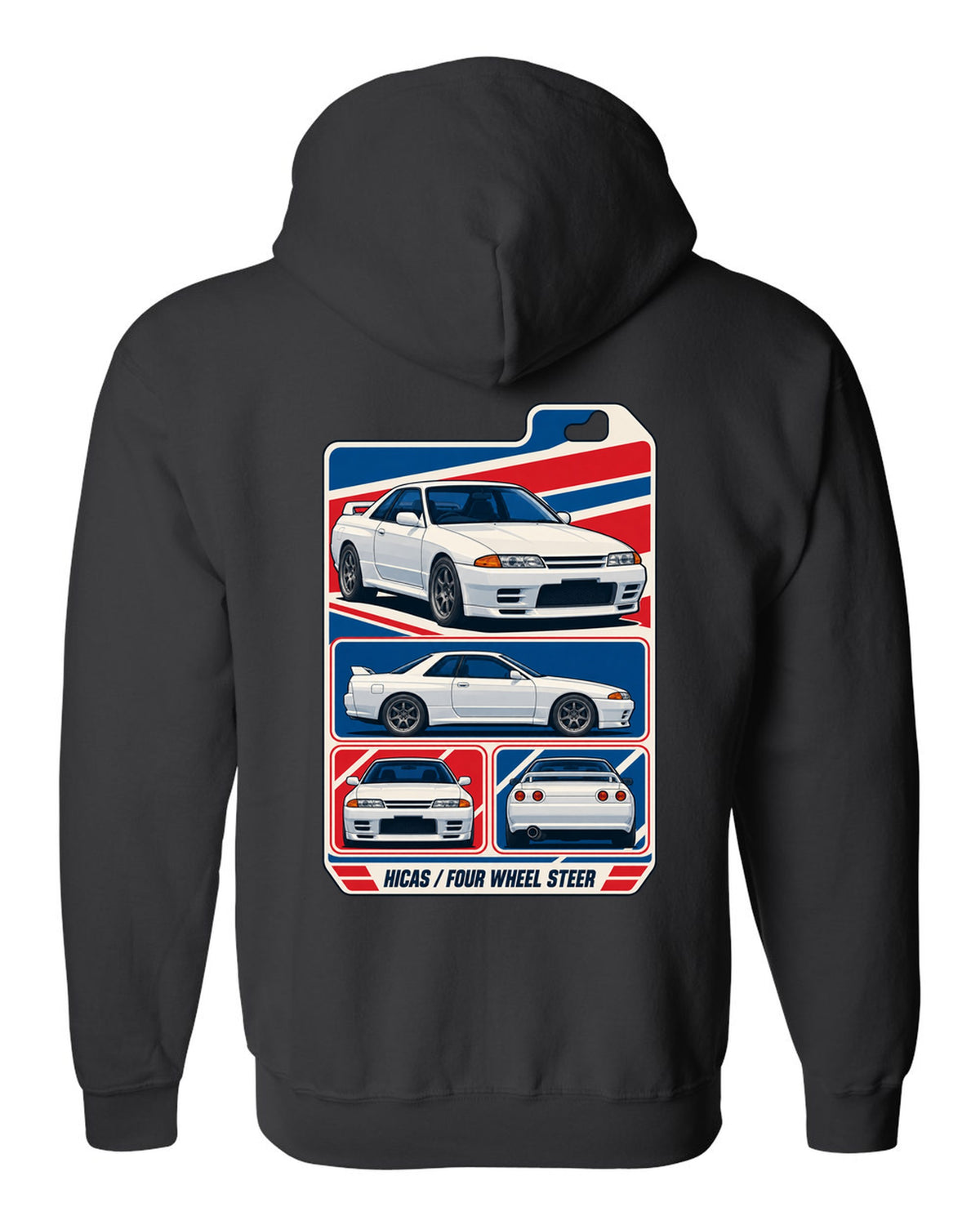 Varsity shield crest print for the Nissan Skyline GT-R R34 reading Allegedly 280 PS, Sure black zip hoodie back view with the design